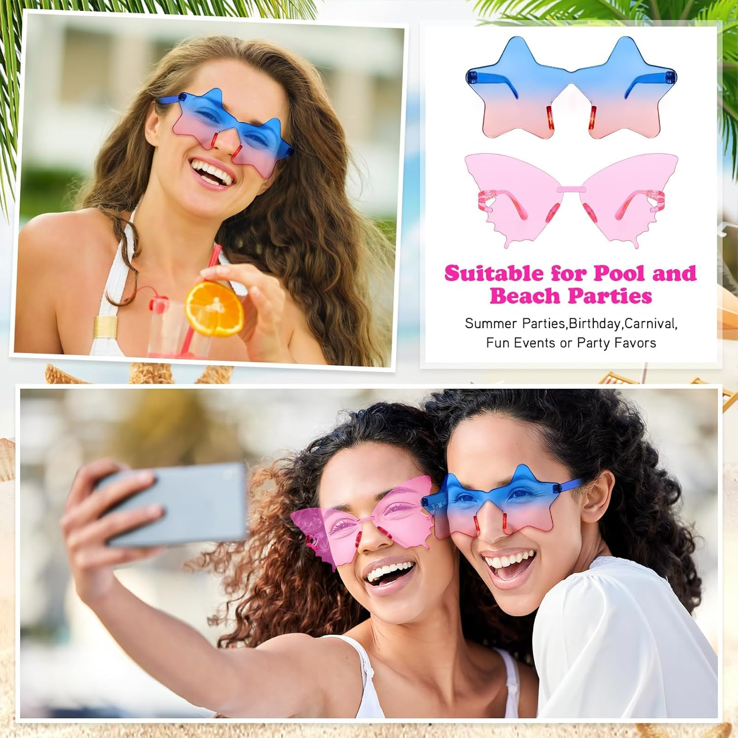 24 Mixed Style Rimless Sunglasses Retro Colored Party Glasses Funny Bachlor Pool Costume Accessories