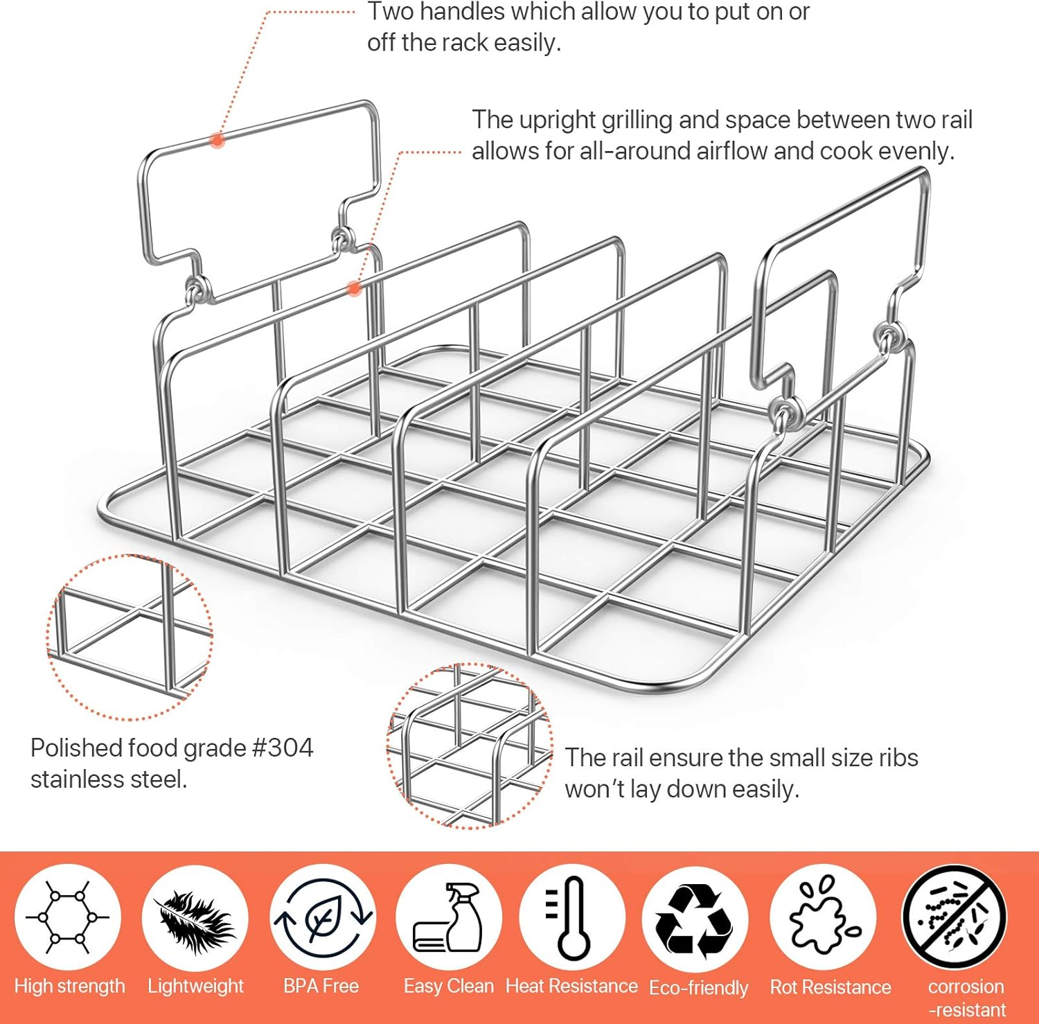Durable Stainless Steel Rib Rack with a Silicone Oil Brush, BBQ Stand with 2 Handle for Smoker,Oven and Grill, Cook up to 5 Ribs at a Time image number 4