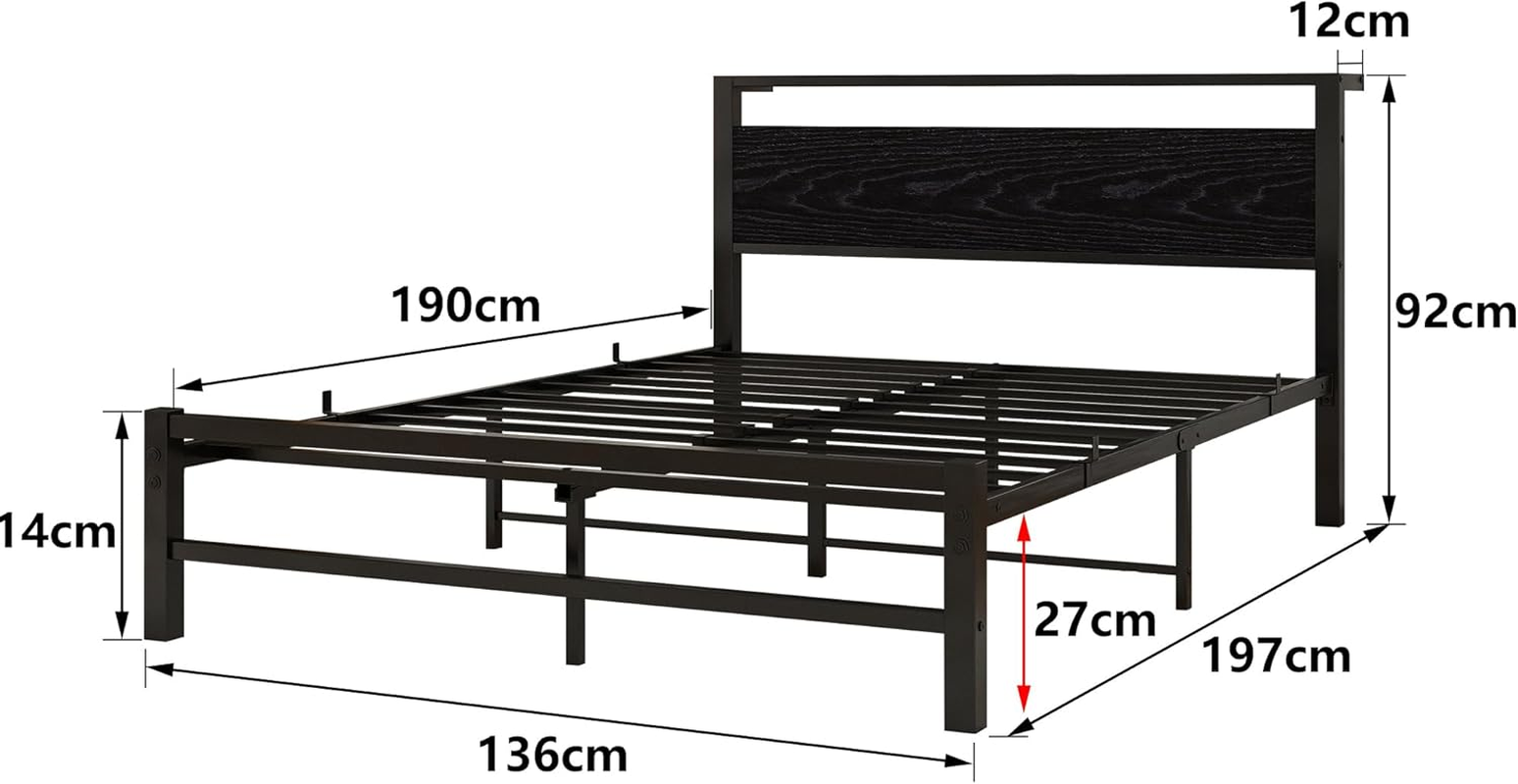 Double Size Metal Platform Bed Frame with Storage Headboard, Bed Frame Double Size No Box Spring Needed, Sturdy Steel Slat, Easy Assembly, Non-Slip Noise Free, Black image number 6