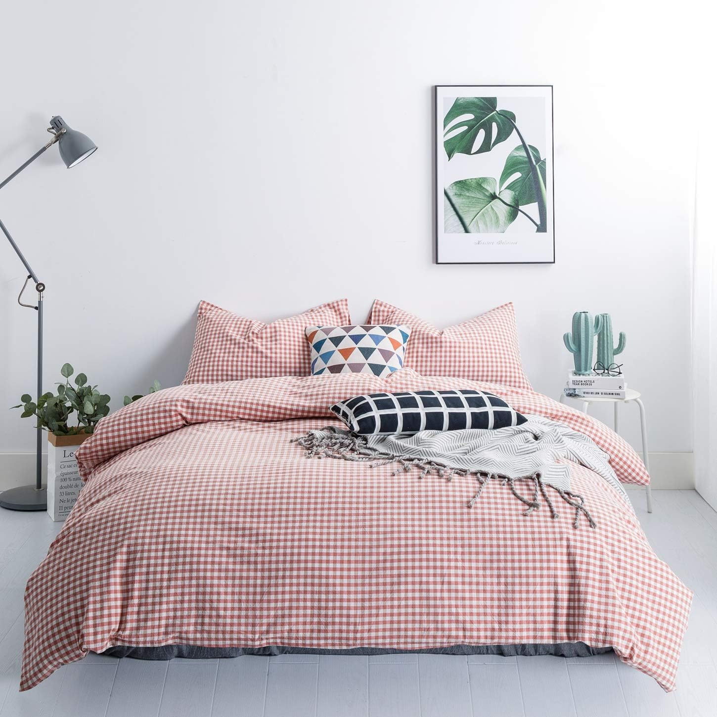 (Queen, Style 5) - SUSYBAO 100% Natural Washed Cotton 3 Pieces Duvet Cover Set (Queen/Full) 1 Duvet Cover 2 Pillowcases Luxury Quality Soft Breathable Hypoallergenic Green Gingham Plaid Pattern with Zipper Ties