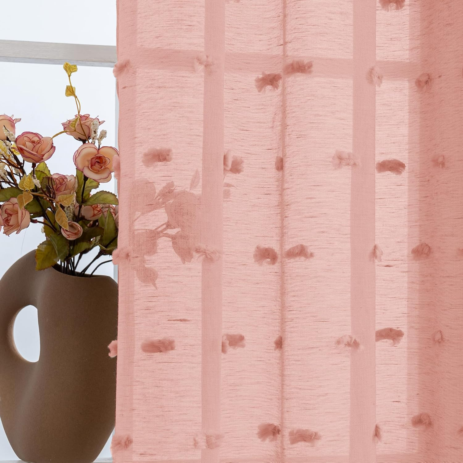 Smarcute Pom Pom Linen Textured Sheer Curtains for Bedroom Light Filtering Semi Sheer Rod Pocket Curtain & Drapes for Living Room, Nursery Room, Set of 2 Panels, (Coral Pink, 132 X 160 Cm) image number 3