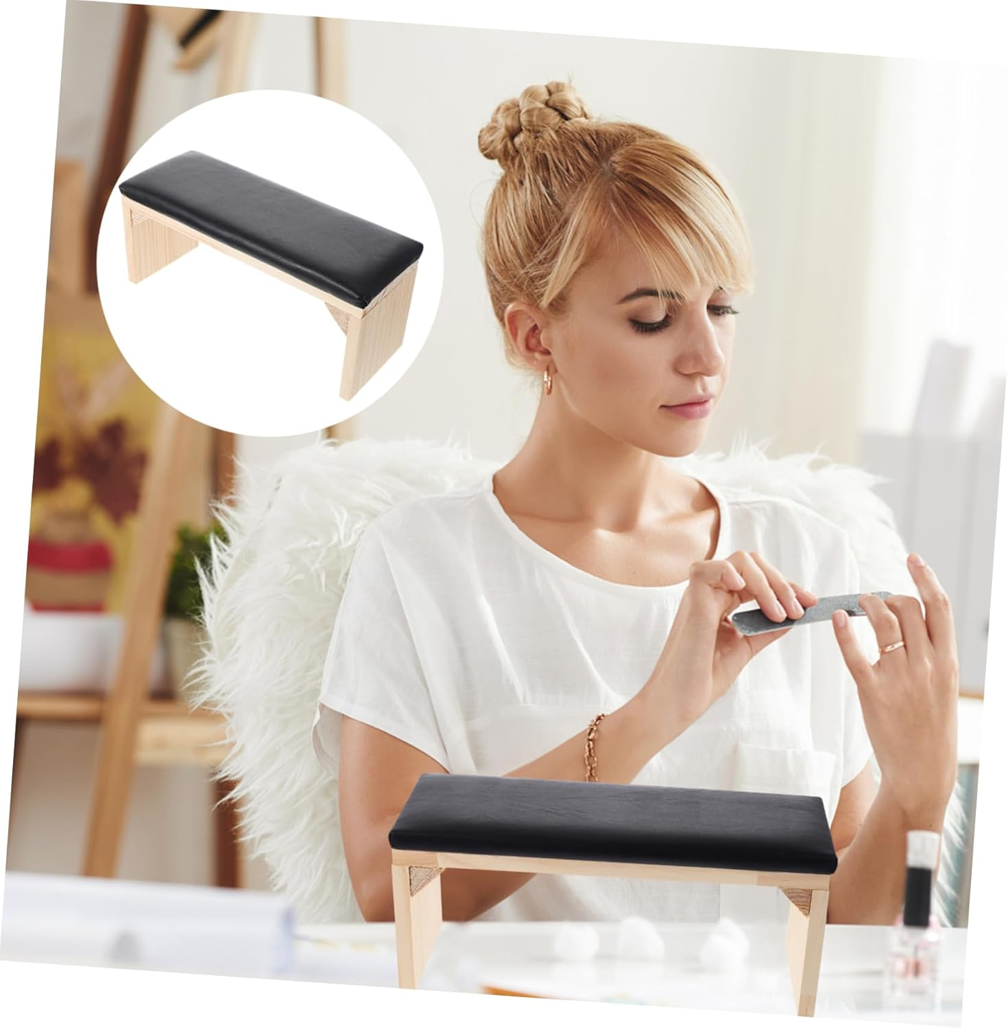 Supple Leather Manicure Pillow Wooden Hand Rest Cushion with Nail Lamp Holder Natural Wrist Support for Nail Art Japanese Style Manicure Tool for Steady Hands and Dust Protection image number 4