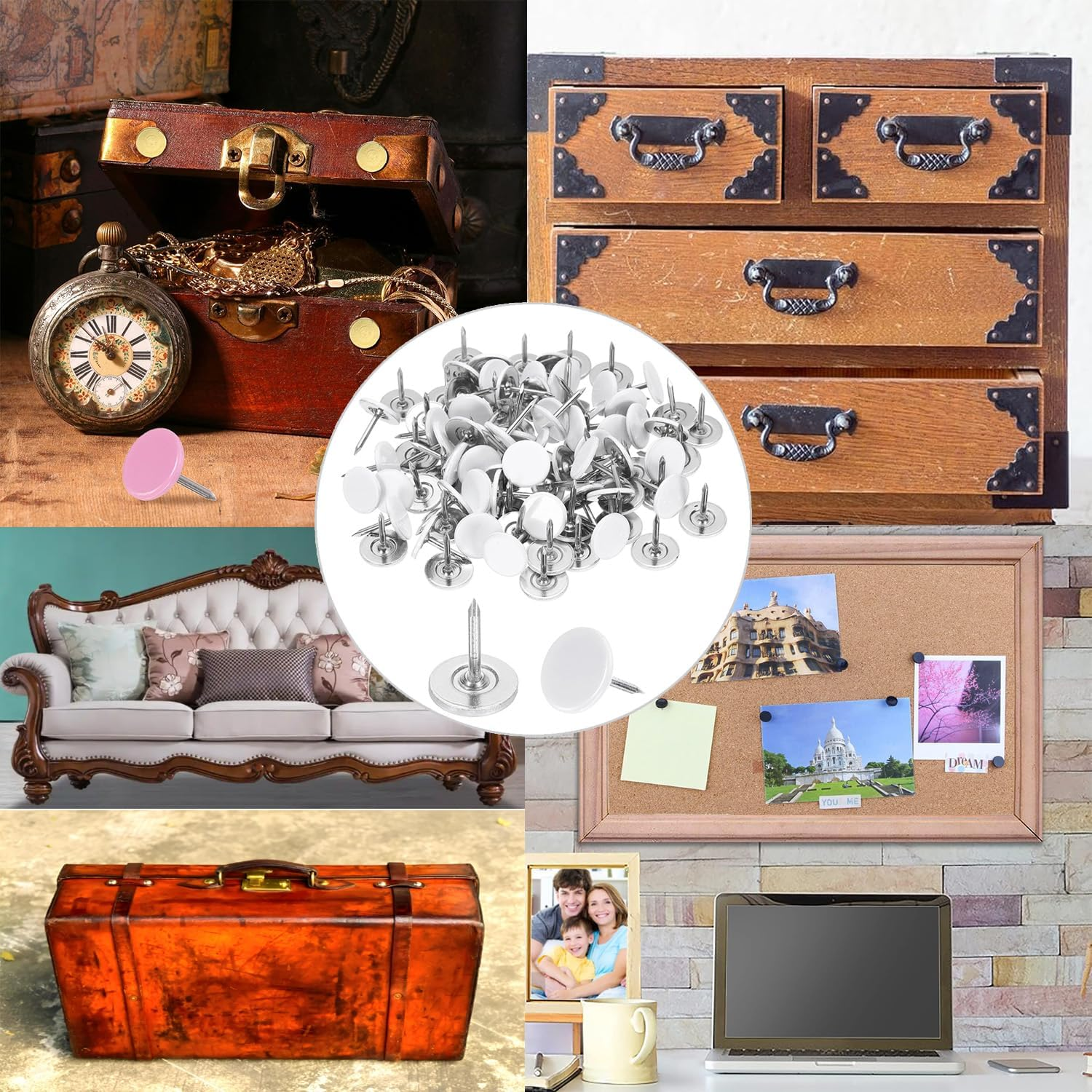 Yharnamite 100Pcs Upholstery Tacks, 11 X 13Mm Flat Head Thumb Tack Decorative Furniture Nails Push Pins for Furniture, Sofa, Headboards (White) - Black image number 7