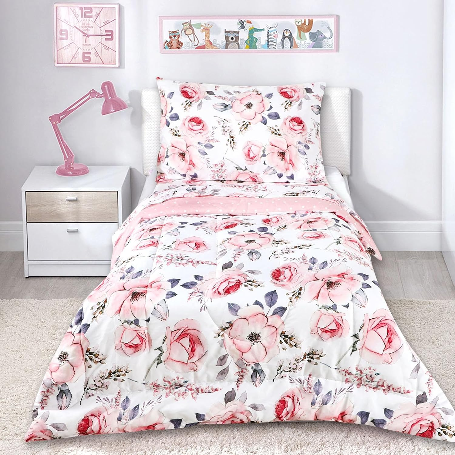 Toddler Bedding Sets for Girls, 4 Piece Soft Crib Bedding Set, Flower Toddler Girl Bed Comforter Set, Includes Pink Floral Series Comforter, Fitted Sheet, Flat Sheet and Pillowcase image number 5