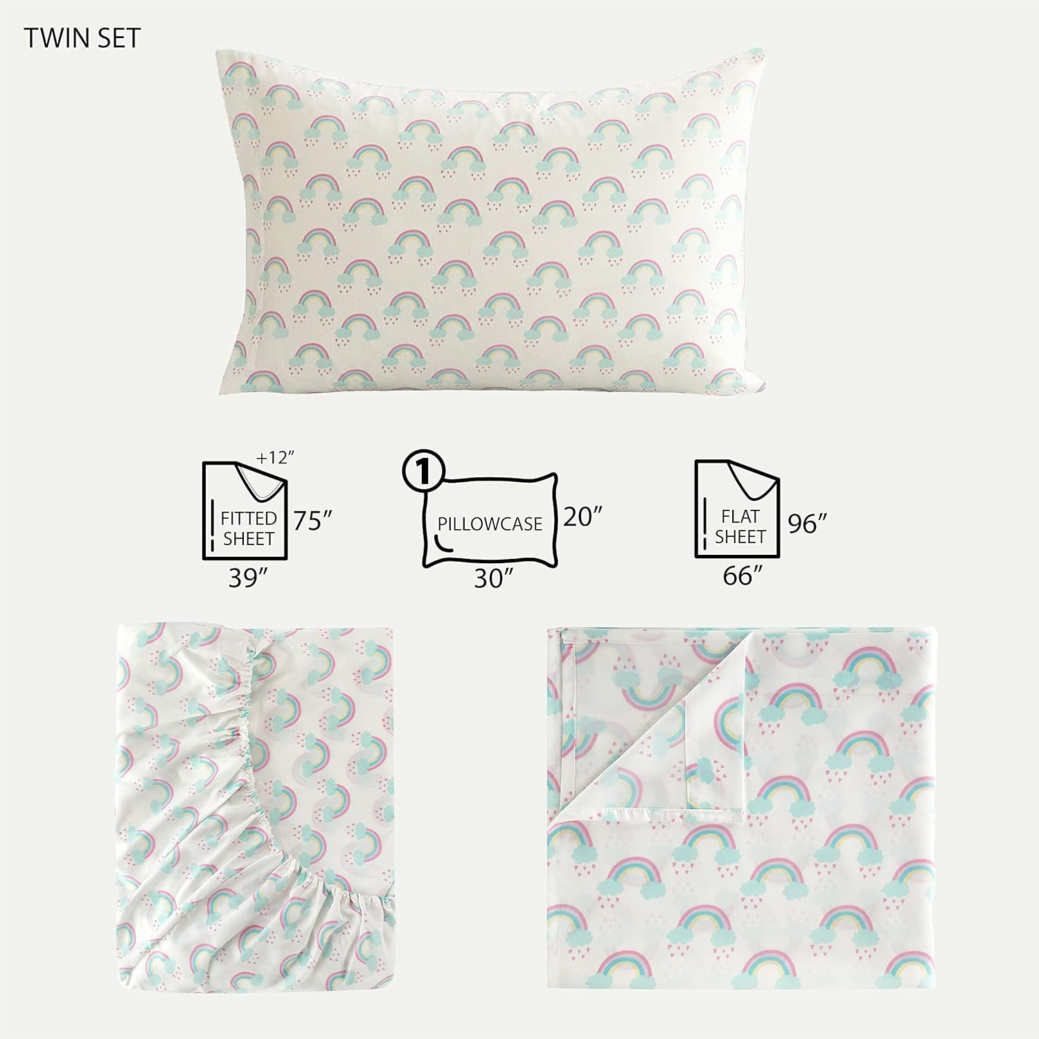 Heritage Kids 3 Piece Sheet Set, Including Top Sheet, Fitted Sheet and Pillow Case, Rainbow Print, Twin,Multicolor image number 5