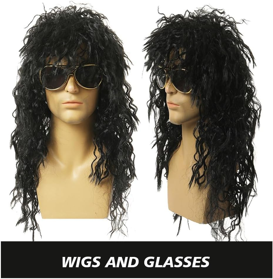 70S 80S Rocker Metal Mullet Wig, Mens Long Curly Black Wig with Glasses Funny Cosplay Mens Hair Wig Halloween Costumes for Party (Black) image number 2