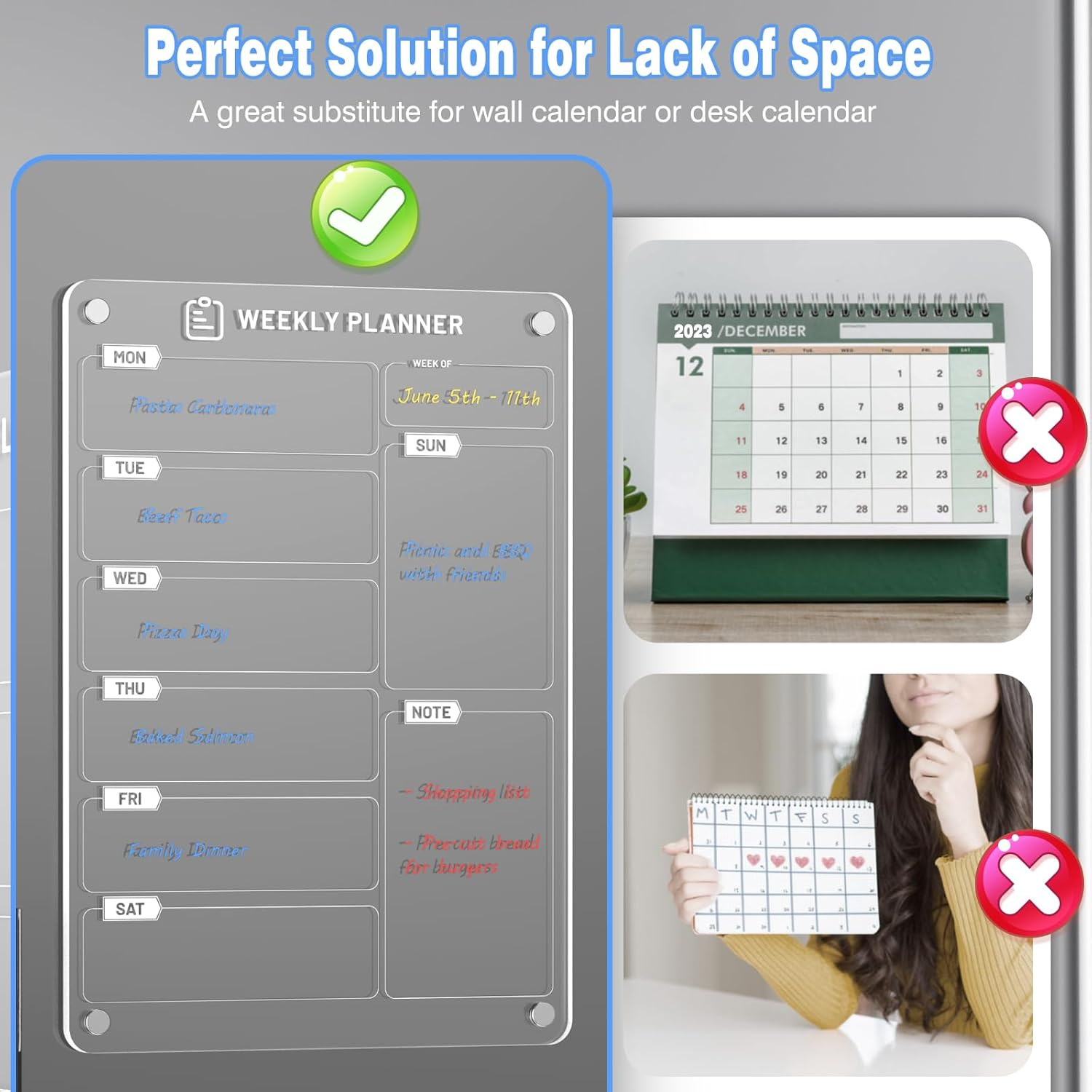Langaelex 2 Set of Acrylic Meal Planner for Fridge - Magnetic Weekly Menu Board with 6 Chalk Markers for To-Do List, Shopping List and Chore Chart - 8 X 12"