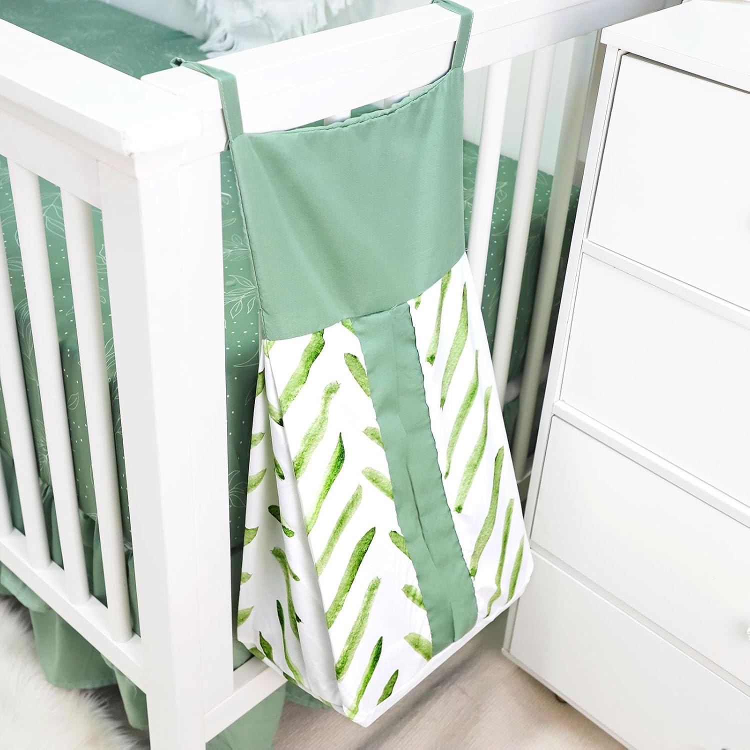 Green Leaf 4-Piece Crib Bedding Set, Baby Boy Bedding Crib Set, Neutral Nursery Bedding Set,Fitted Crib Sheet,Crib Skirt, Baby Quilt, and Diaper Stacker,Sage image number 4