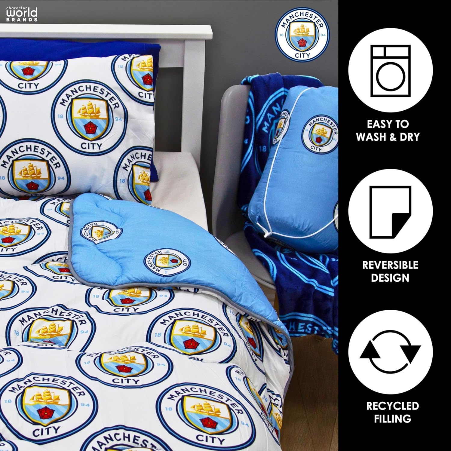 Character World Manchester City FC Official Single Bed Coverless Duvet Bedding Reversible Coverless Quilt, Pillowcase Washable Duvet for Travelling 10.5 Tog image number 3