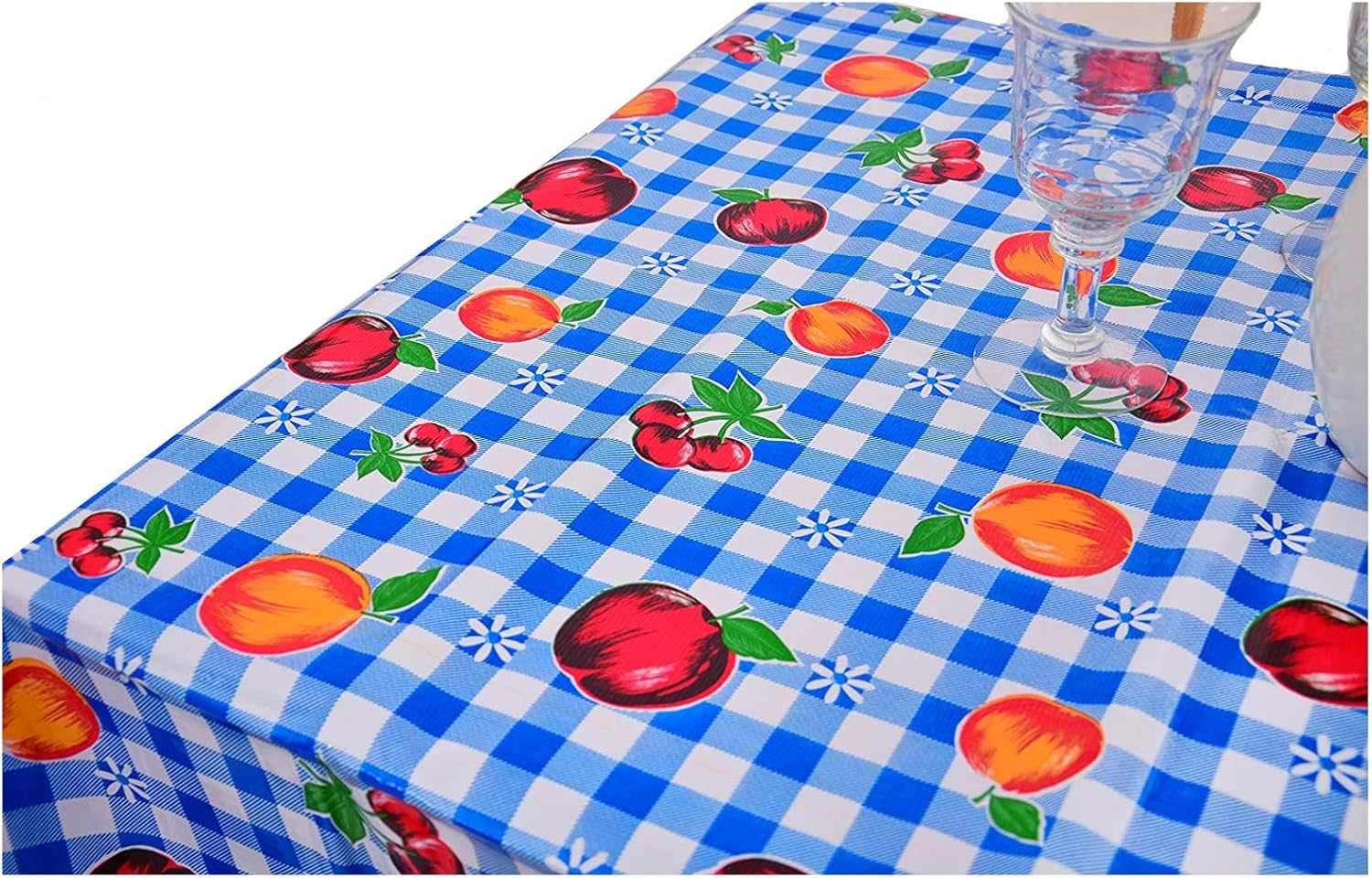 First Choice Vinyls - Waterproof Oilcloth Table Cloth - Wipeable Tablecloths for Picnic - Non-Fading Plastic Table Cover with Better than Flannel Backing - Gingham and Fruits Blue (55X90In Rectangle)