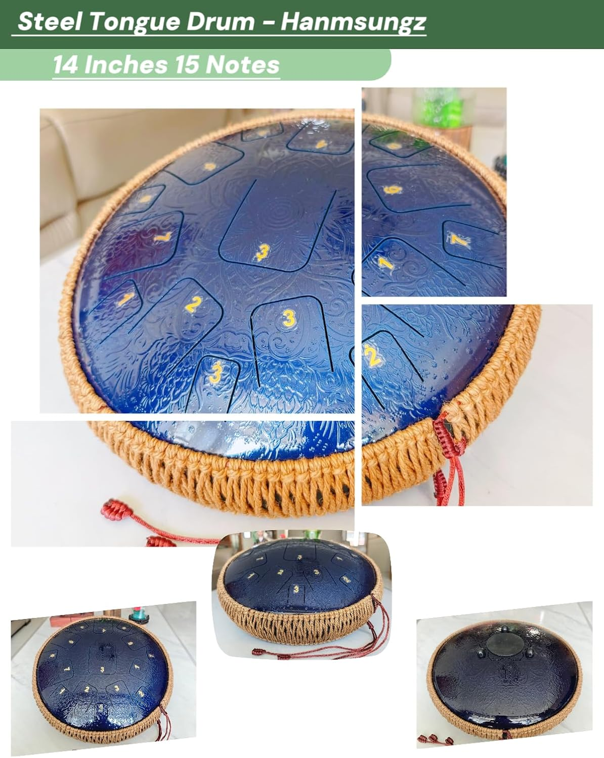 2025 New Steel Tongue Drum - 14 Inch 15 Notes with Laser Carving & Etching Craft Tongue Drum Rain Drum for outside - Hand Pan with Music Book Drum Mallets and Carry Bag for Family and Friends (BLUE) image number 6