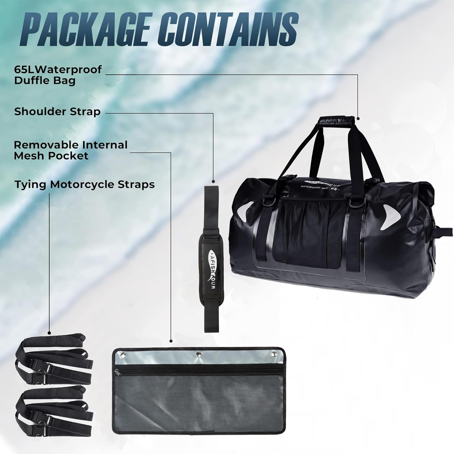 AFISHTOUR 65L Waterproof Duffel Bag for Men and Women - Large Motorcycle Duffle Bag with Straps for Back Seat - Roll Top Dry Bag for Kayaking, Rafting, Boating, Swimming, Beach (Black) image number 5