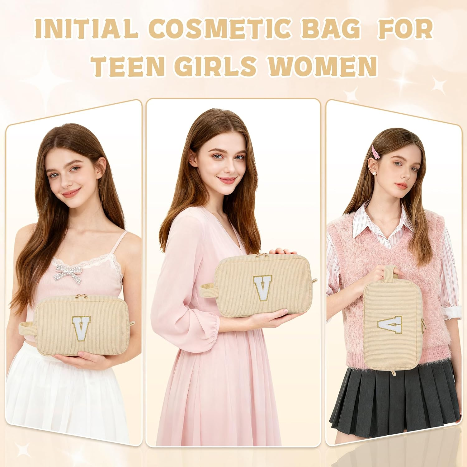 WELIDAY Personalized Initial Makeup Bag, Travel Chenille Patch Cosmetic Bag, Preppy Corduroy Toiletry Bag Monogram Cosmetic Pouch with Zipper, Ideal Gift for Teen Girls Women (Ivory White, V) image number 2