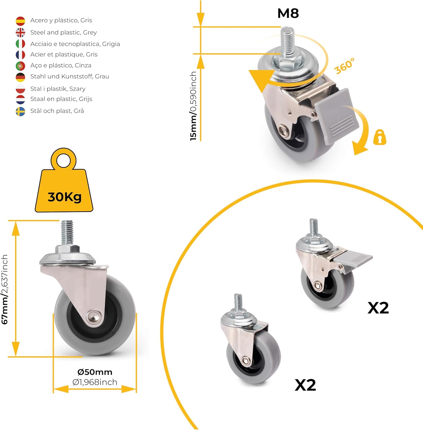 Emuca - Pack of 4 Grey Swivel Castors for Furniture (2 with Brake and 2 without Brake) 50Mm(1,96 Inch) Diameter with M8X15 Bolt and Ball Bearings image number 3