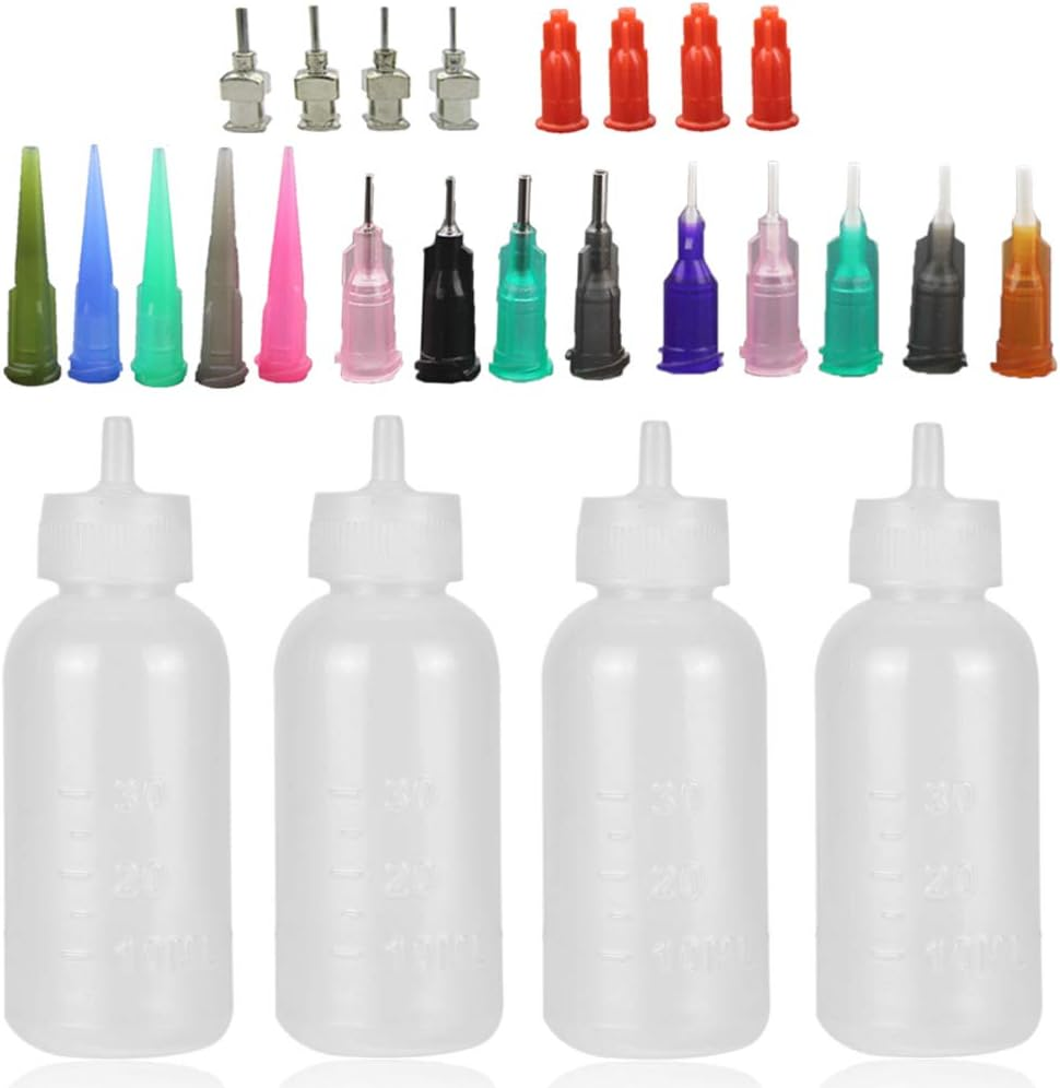 Xmasir Jagua Henna Applicator Bottles Kit for Tattoo Body Paint,Multi Purpose Precision Applicator Set 4 Pcs 1 Oz. Henna Bottle with 4 Pcs Caps 16 Pcs Needle Tips Sizes image number 5