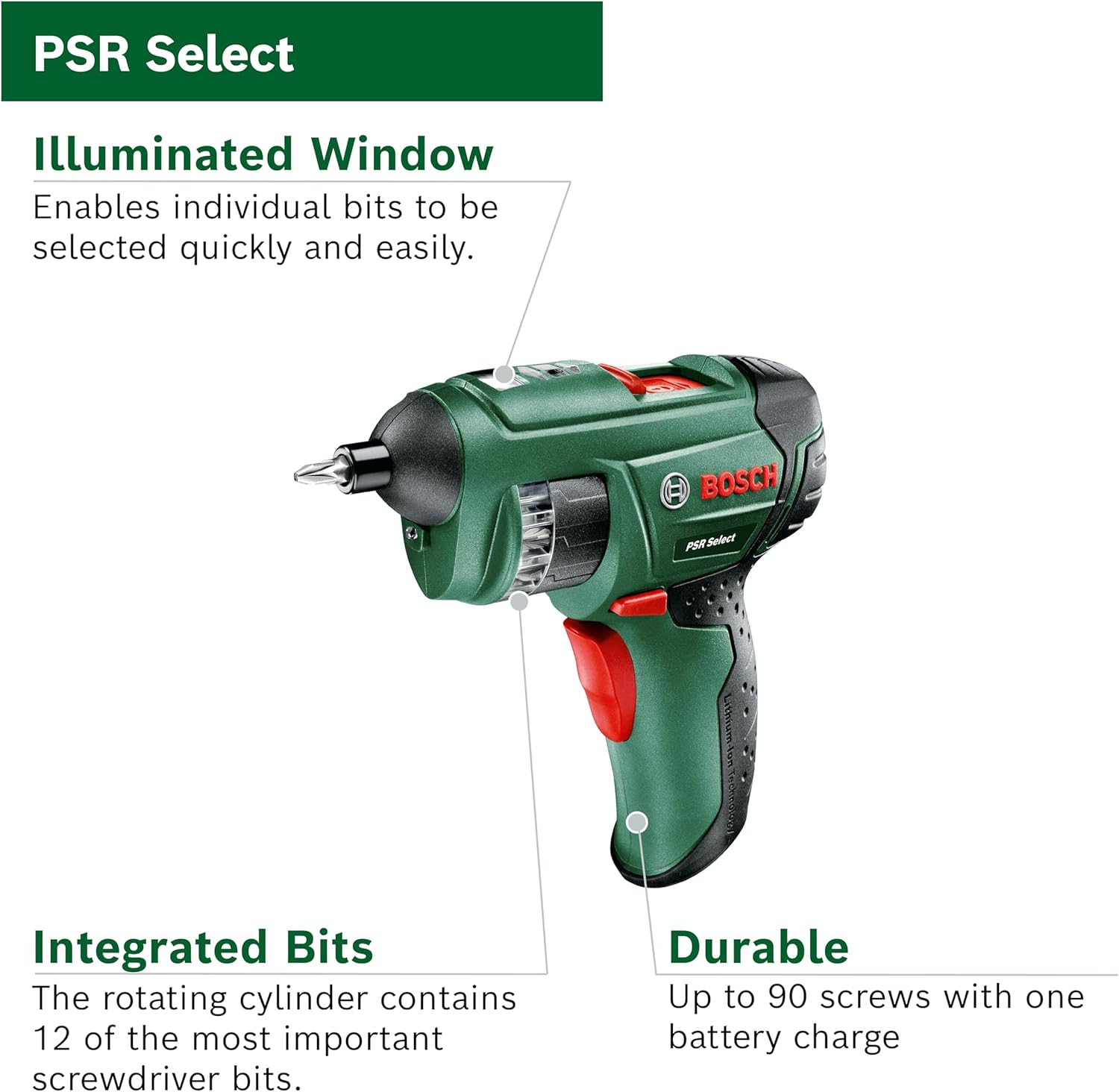 Bosch Home & Garden 3.6V Cordless Electric Screwdriver Gun with 12 Screwdriver Bits & Case (PSR Select). Made in Europe image number 5