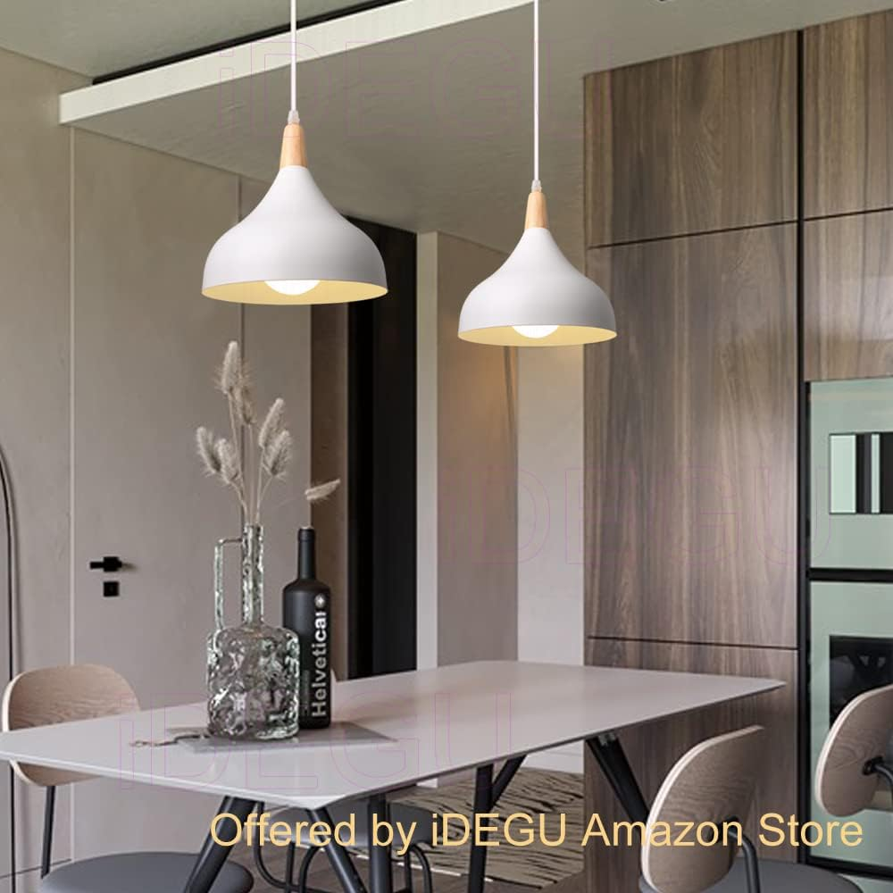 Idegu Set of 2 Retro Pendant Light Modern Style Drop Hat Ceiling Light E27 Metal Pendant Lamp for Bedroom, Dining Room, Kitchen, Diameter 20 Cm (White) image number 5