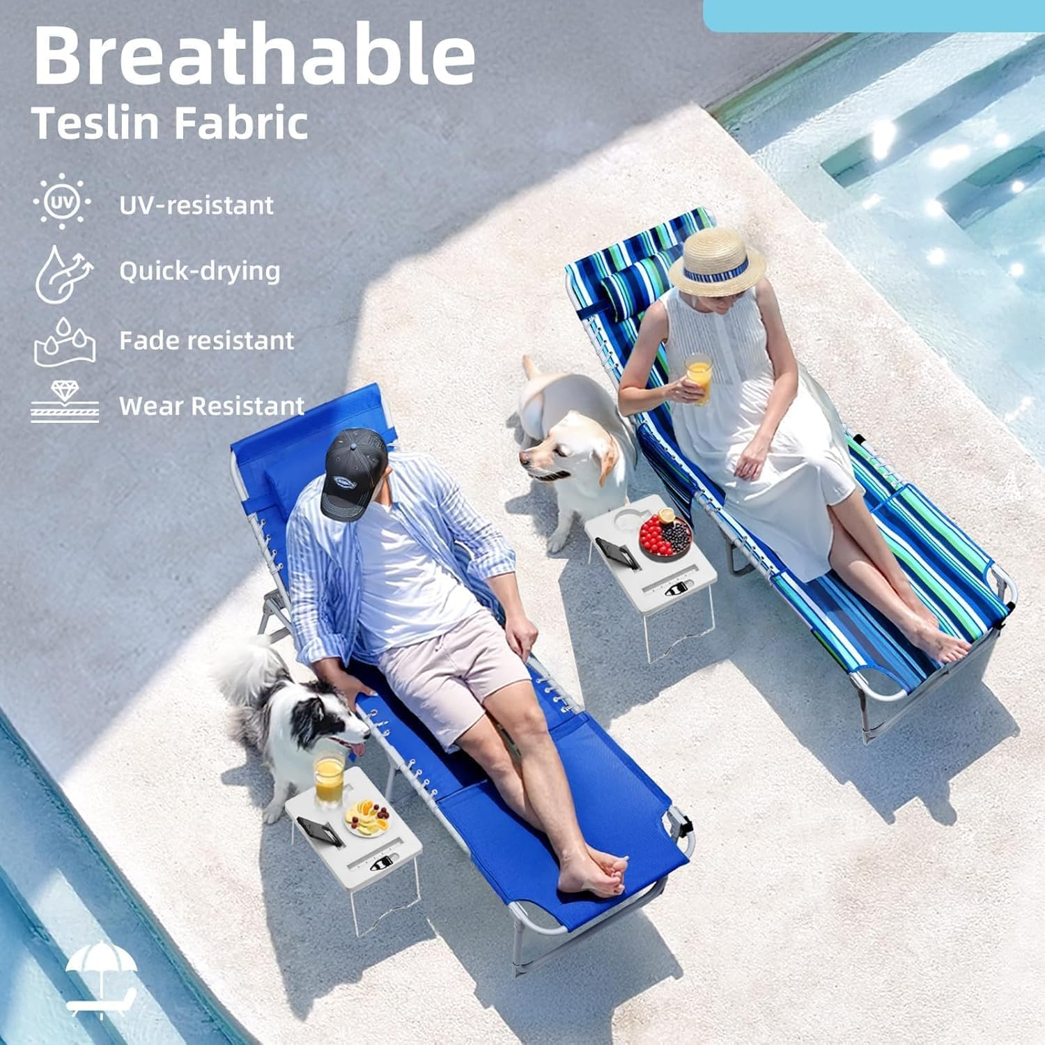 Dxzephious 3-In-1 Sun Tanning Chair with Face Holes, Breathable Chaise Lounge Chair Outdoor, 5-Position Recliner, Lay Flat, Folding Side Table, Removable Pillow, Max 330Lbs, Beach, Patio, Camping image number 5