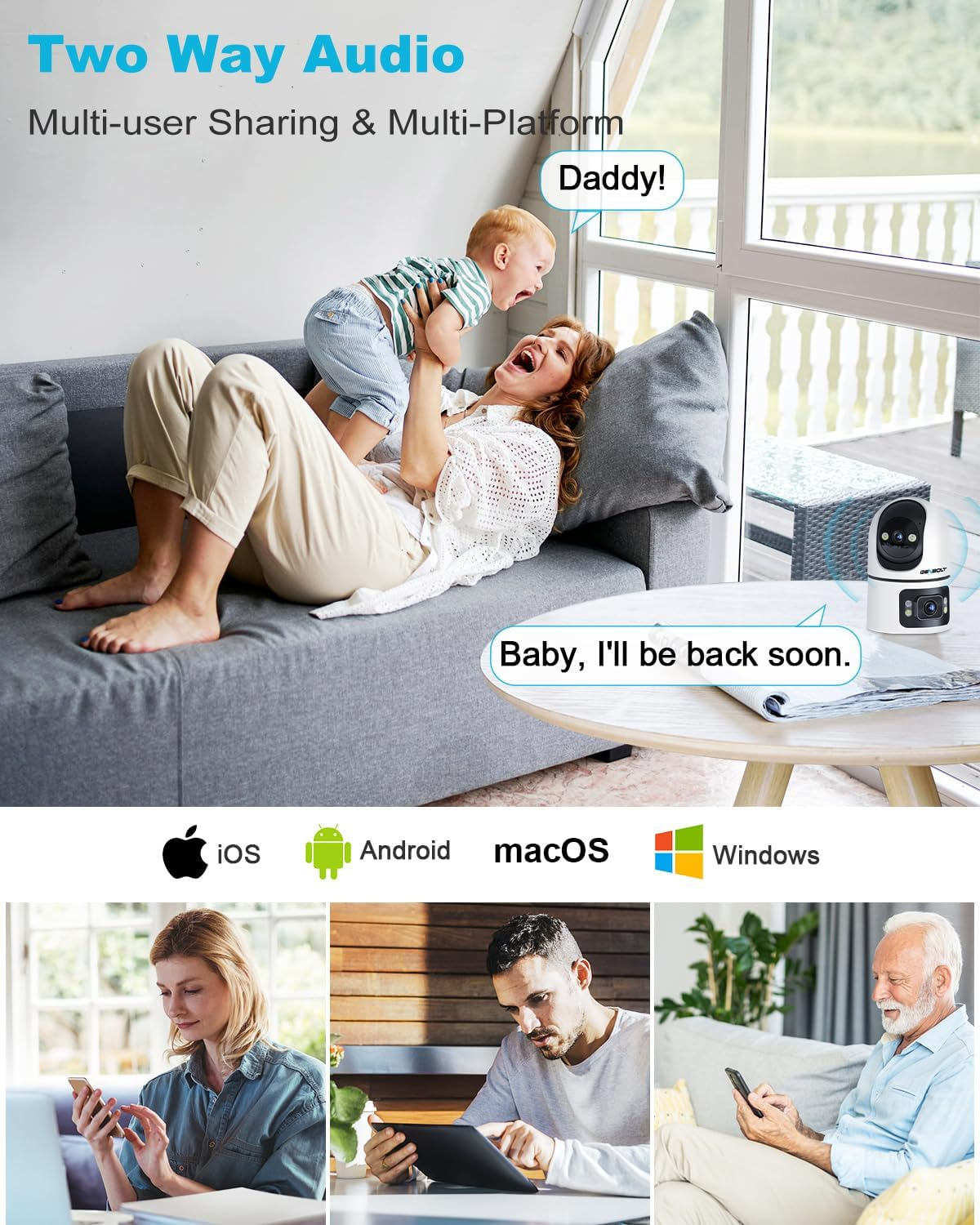 GENBOLT Wifi Security Camera Indoor, 360&deg;Dual Lens Home Surveillance IP Camera CCTV with Humanoid Detection, Auto Cruise Nanny Pet Dog Cam, 2.4&5Ghz Dual Wifi Baby Monitor with Audio Alarm image number 2