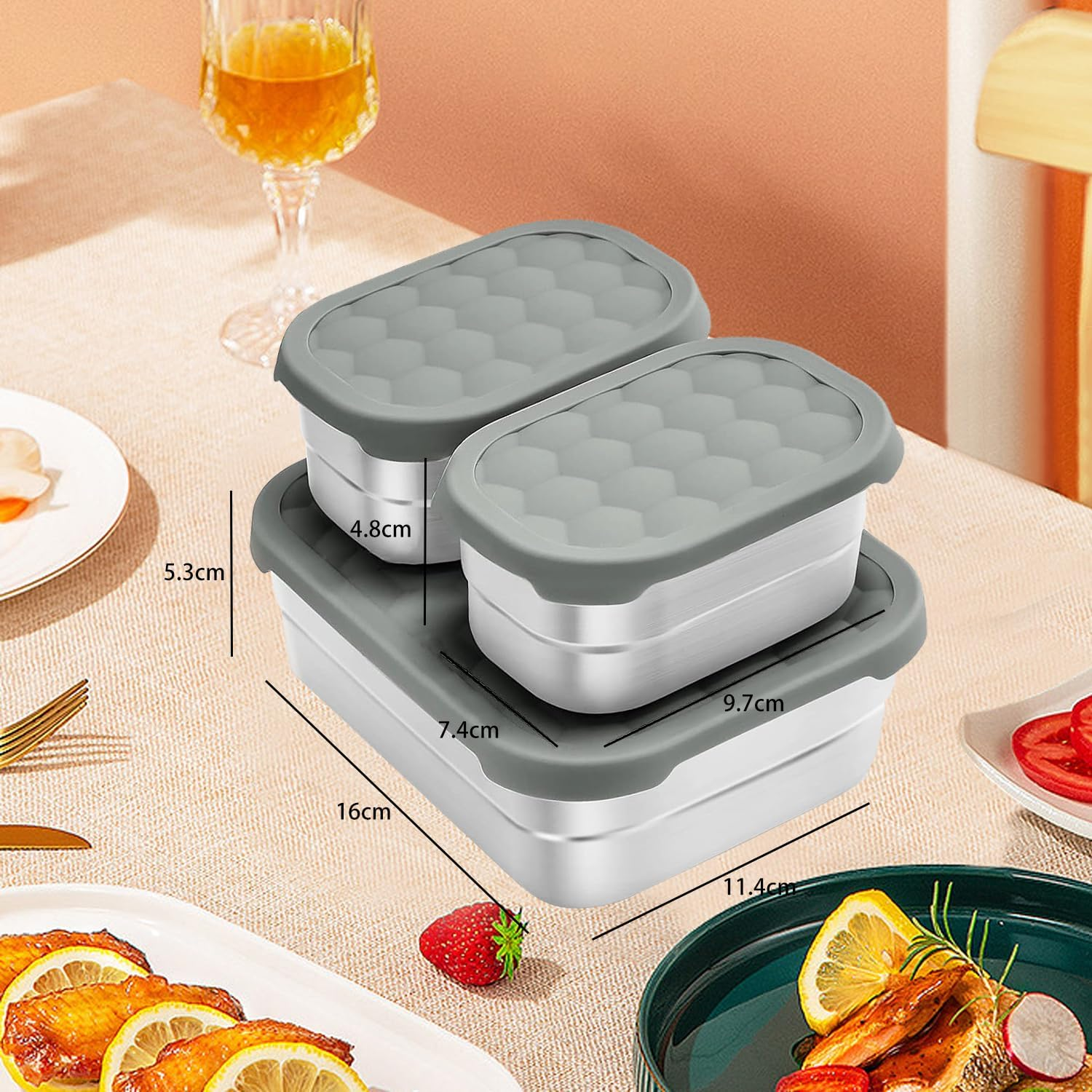 3Pack 304 Stainless Steel Lunch Box,Leak Proof Snack Containers with Silicone Lids,Steel Bento Box for School and Daycare,Food Containers for Snacks, Sandwiches, Fruits, Vegetables(25Oz+8Oz*2) image number 4