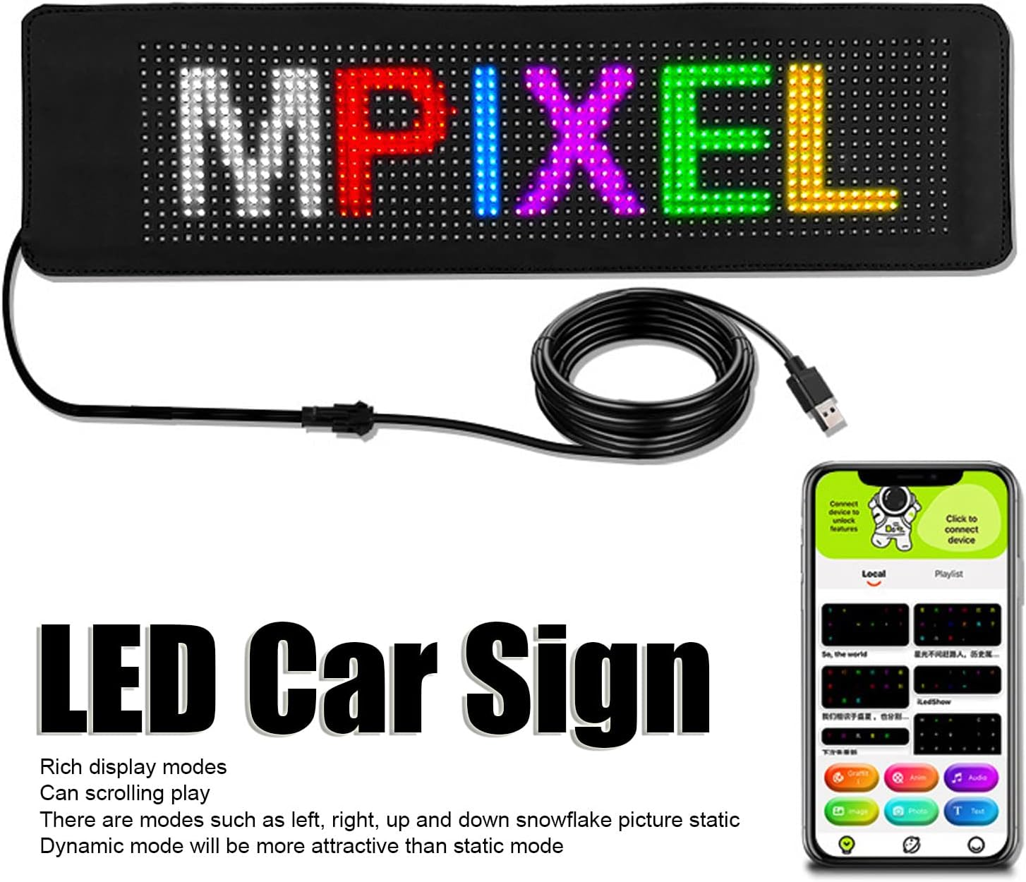 15.4X4.2In LED Panel, USB Customizable Flexible Car Screen with APP Control, Programmable Sign for Store Car Party Christmas Display image number 6