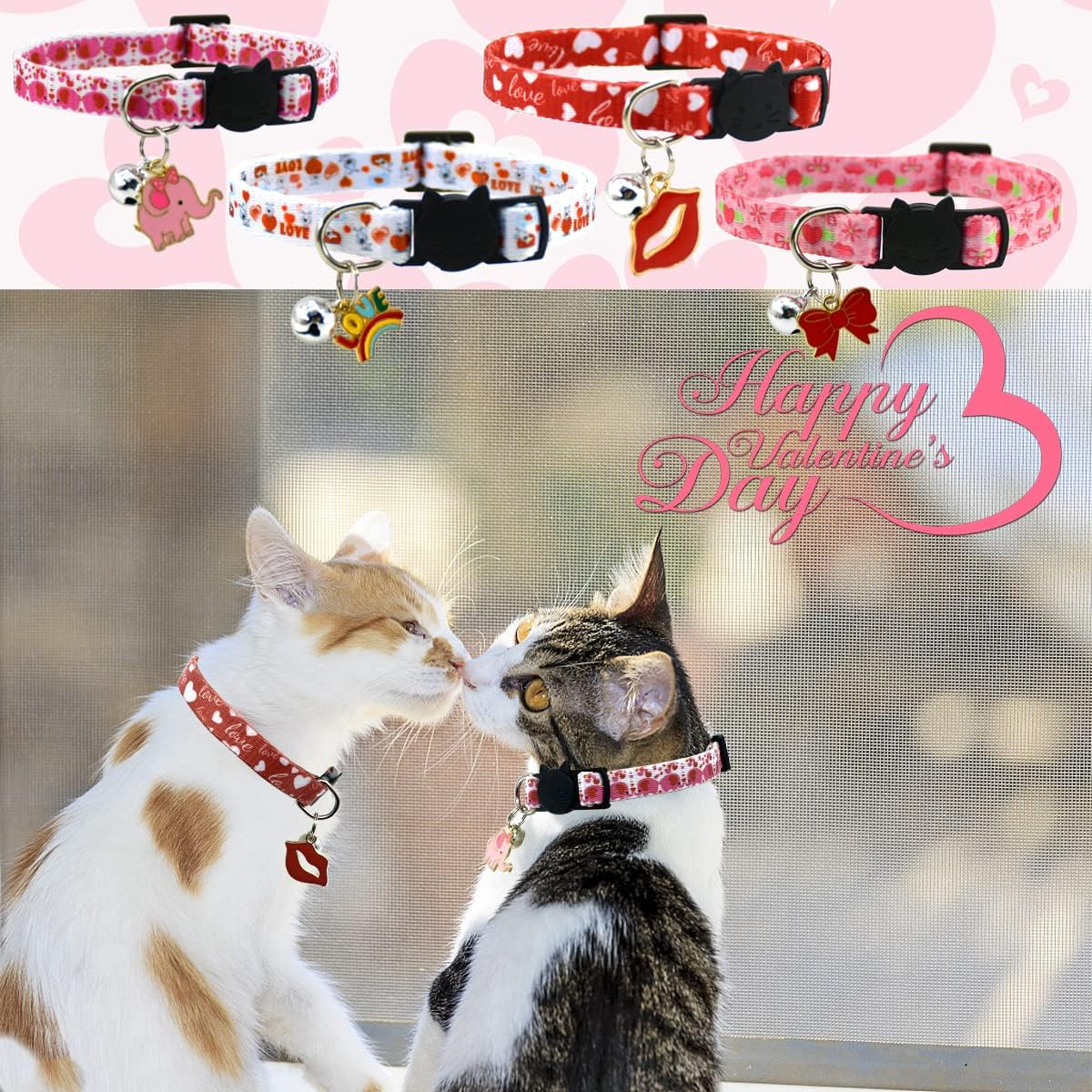 Cooshou 4PCS Valentine'S Day Cat Collars with Bells Kitten Breakaway Collar with Charming Pendants Pet Adjustable Collars with Red Lips Love Bow for Cats Kitten Small Dogs