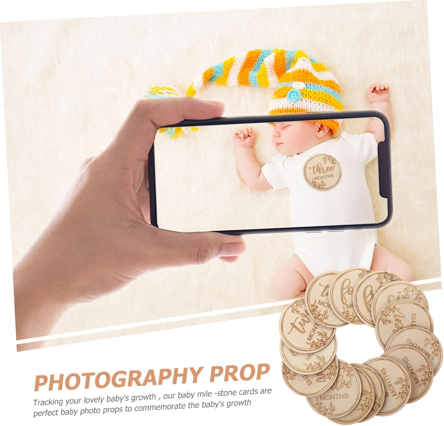 1Set Wooden Monthly Commemorative Cards Smooth Milestone Cards for Newborn Photography Stylish Growth Memory Keepsakes image number 1