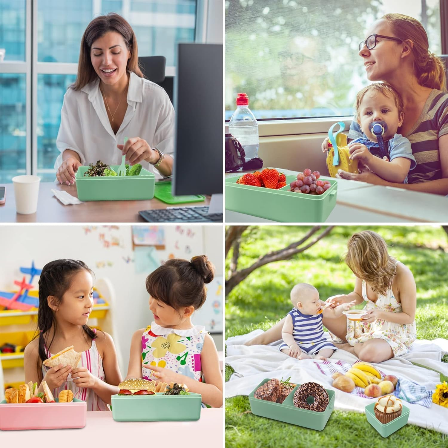 Lunch Box, 1400Ml Bento Box with Spoon Fork, Stackable 2 Layer 3 Compartments Leak Proof, Meal Prep Container for Adults Kids Students Office Microwave Dishwasher Safe image number 3