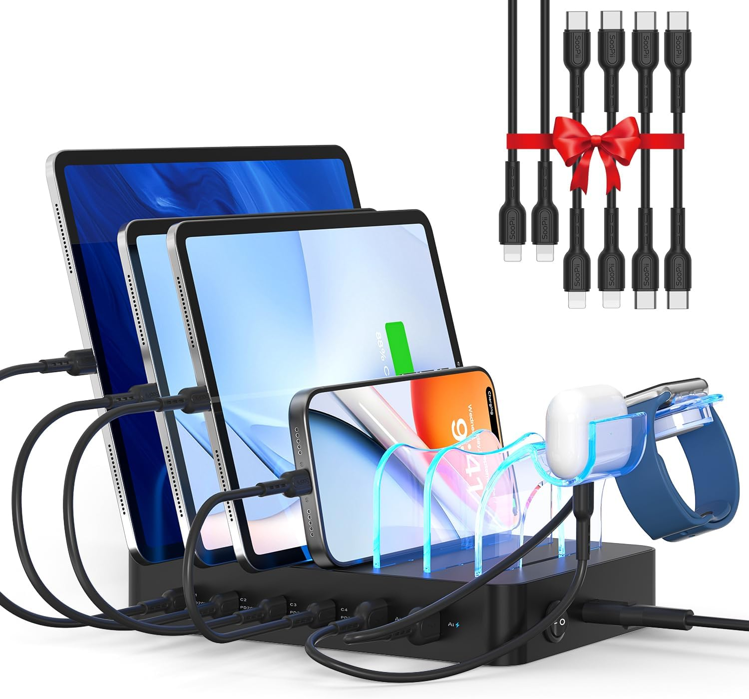 Soopii 90W Charging Station for Multiple Devices, 6 Port Multi USB C Charger Station with 6 Mixed Short Cables,Pd 20W Charging Dock for Lphone,Galaxy,Ipad,Tablet and More Electronic Devices,White