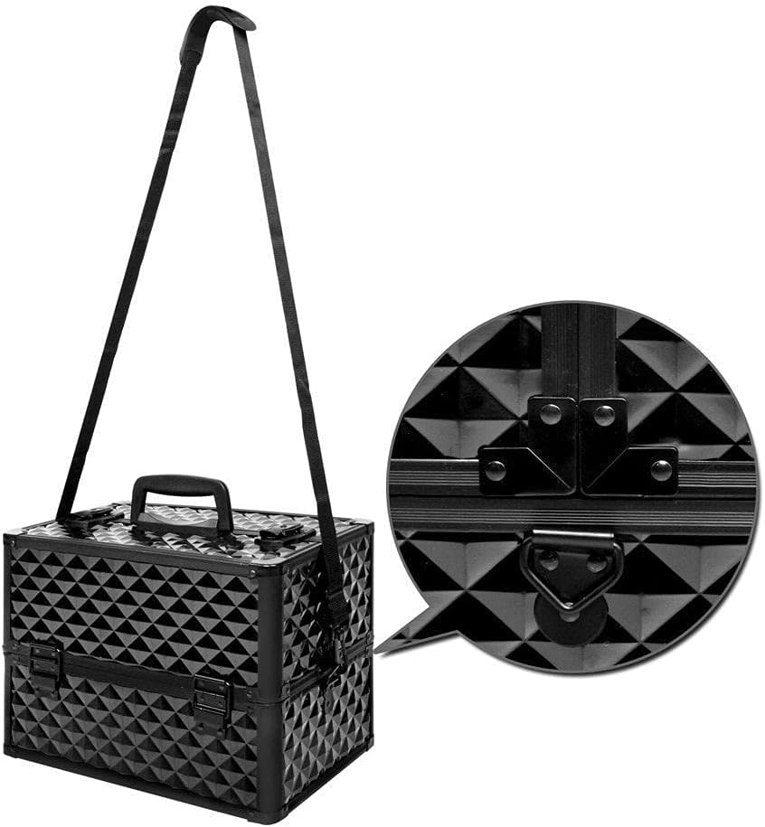 Costcom Portable Beauty Makeup Cosmetic Case Organiser Carry Bag Box Diamond W/Strap Cosmetic Storage Box with Sliding Trays, Safety Lock & Velvet Lining (Diamond Black) image number 2