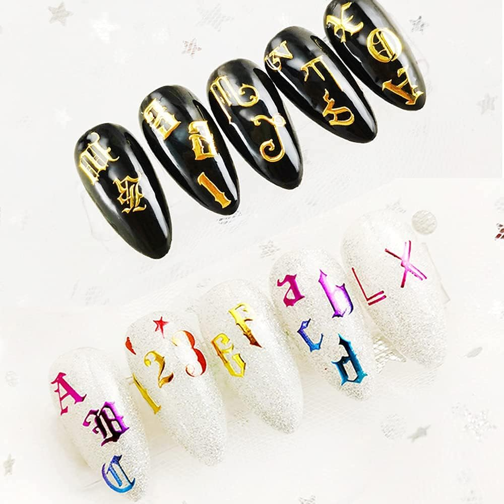 Nail Stickers Self-Adhesive Nail Sticker Letters 3D Nail Stickers Letters Old English Alphabet White Black Gold Silver Letters Nail Design Nail Art Decoration (12 Sheets)