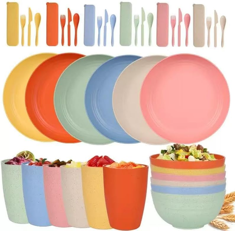 Wheat Straw Dinnerware Sets for 6, 42 Pcs Lightweight & Unbreakable Dishes, Microwave & Dishwasher Safe, Eco Friendly, for Camping, Picnic, RV, Dorm, Apartment,Plates, Cups and Bowls for Kids & Adults