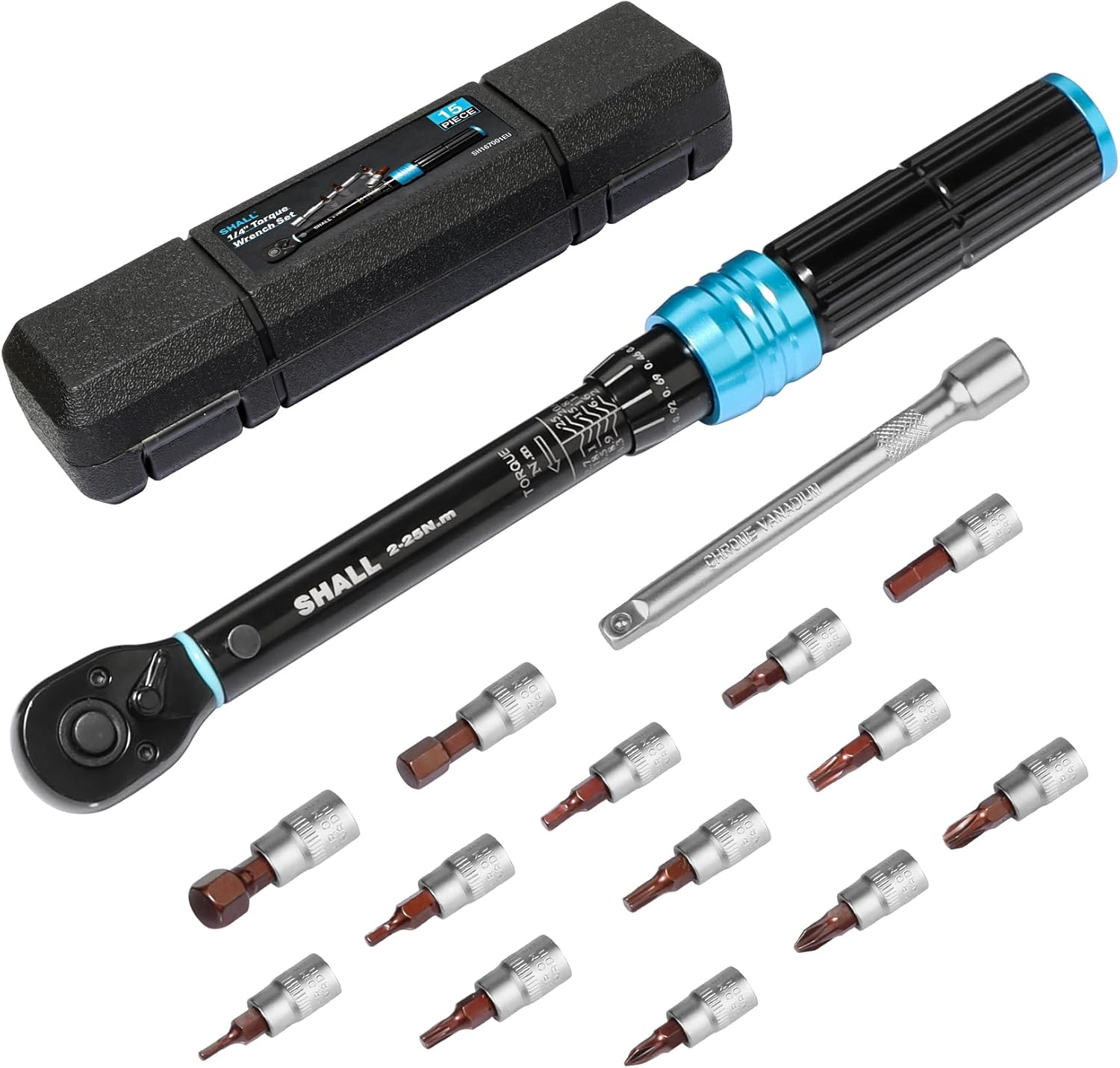 Shall 15-Piece 1/4" Torque Wrench Set, (2-25Nm) Dual Direction Adjustable 72 Tooth for Bike and Motorcycle Maintenance,With Extension Pole and Storage Box image number 2
