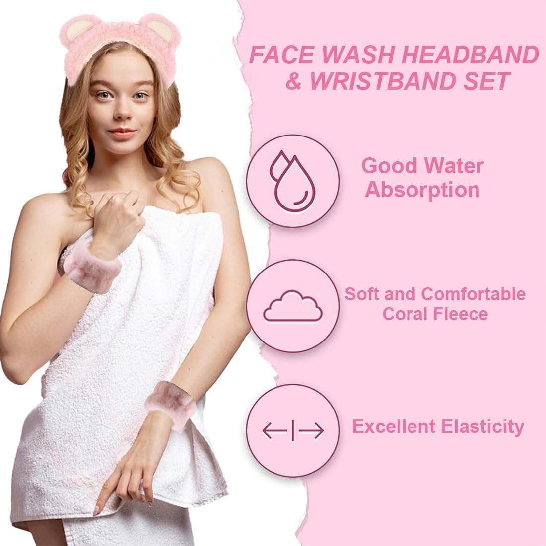 KSJEHW Spa Face Headband Wrist Wash Bands Set Soft Makeup Hair Band Elastic Wrist Sweatband Fluffy Cosmetic Headband for Women Girls (Pink, Bear Ears) image number 5