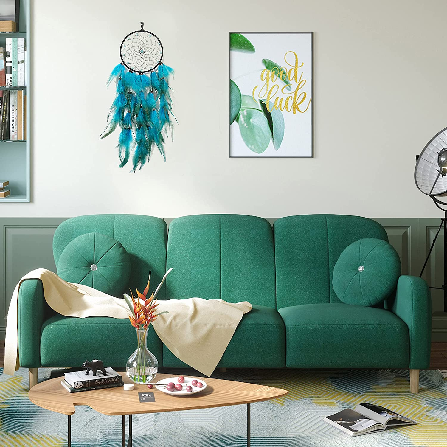 Dream Catchers with Blue Feathers, Handmade Boho Traditional Circular Net Dreamcatcher Wall Hanging Decor for Bedroom Dorm Home Ornaments Craft Gift (Black Circle) - 03-Feather-Blue image number 6