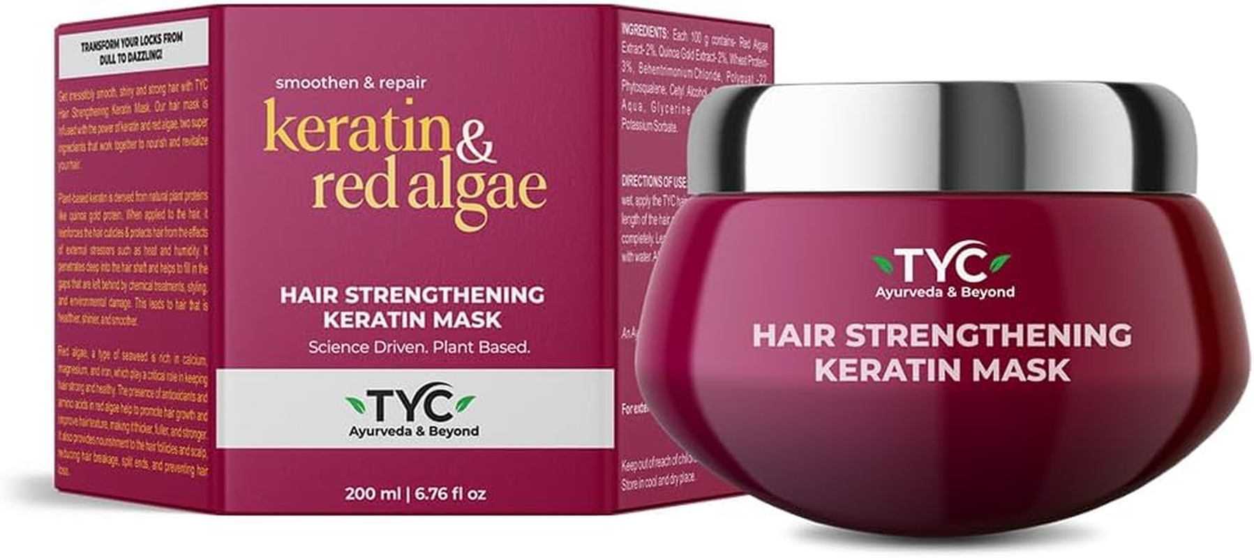 TYC Hair Strengthening Keratin Mask for Dry Damaged Frizzy Hair Repair with Red Algae and Plant Keratin | Provides Deep Conditioning Quantity - 200 ML (Pack of 1) image number 5