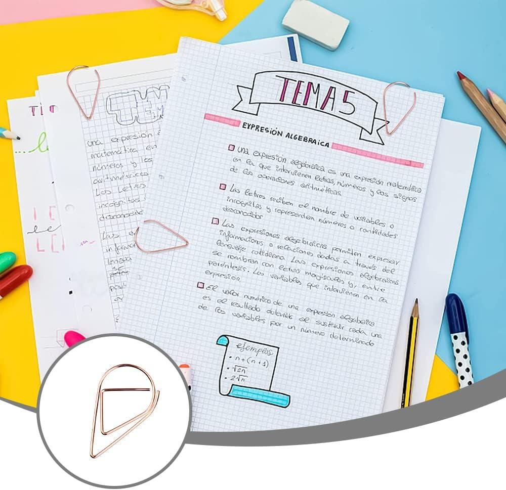 100 Pcs Small Rose Golden Paperclips Stainless Steel Waterdrop Shaped Paperclips Bookmarks Paper Clips Clamps for Memo Paper Photo 15 * 25Mm (Rose Gold) image number 4