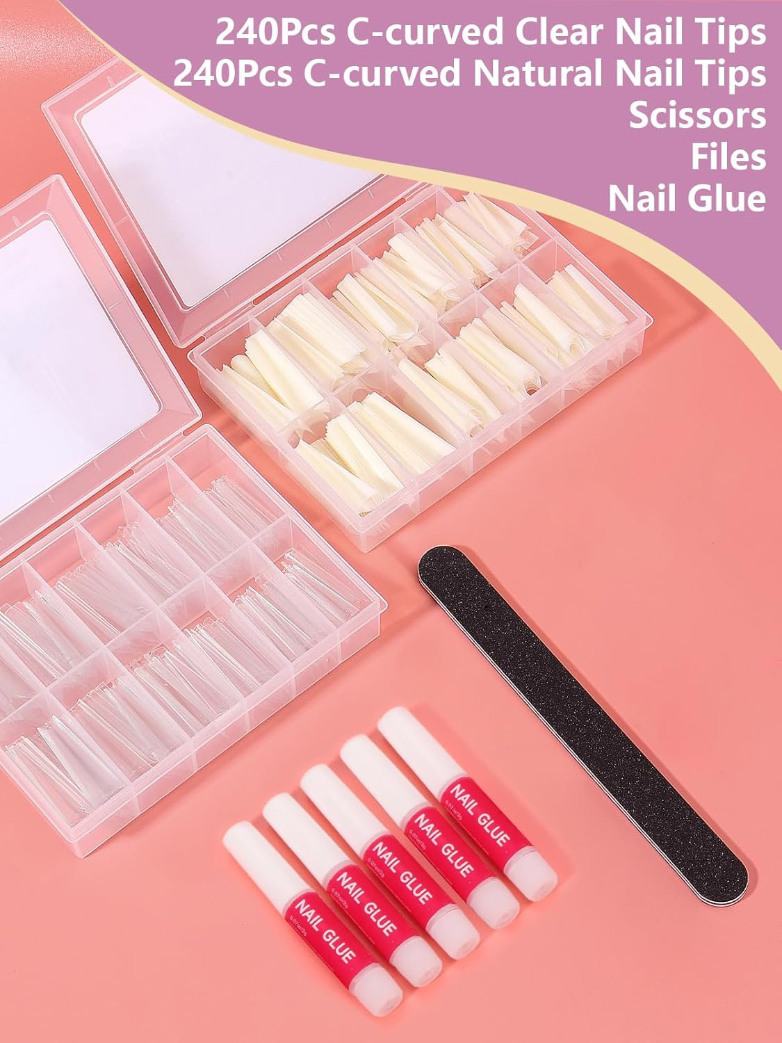 480PCS Coffin Nail Tips for Acrylic Nails Professional Set, XXL Extra Long Acrylic Nail Tips and Glue Set, Half Cover Natural & Clear Coffin Nails Tips, Nail Kit with Nail Clippers Glue