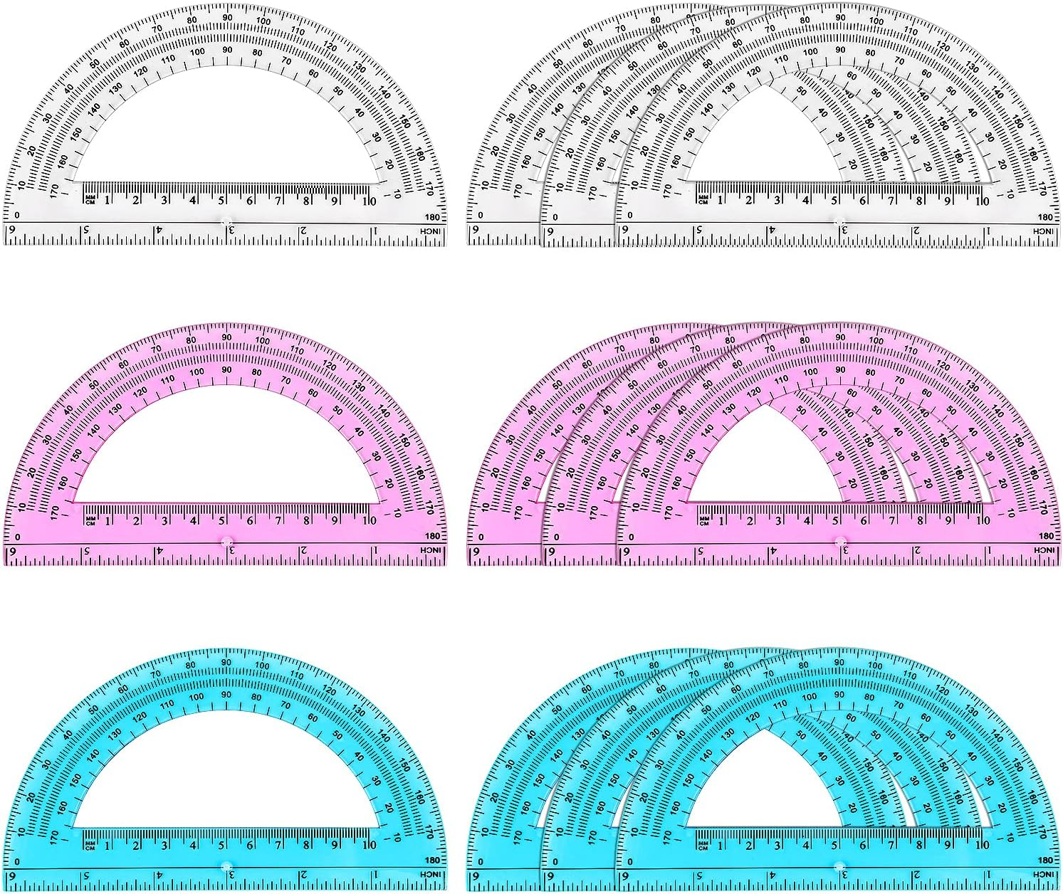 12 Pack Plastic Protractor 6 Inches Math Protractors 180 Degrees for School Office Supplies, Clear/Blue/Pink image number 3