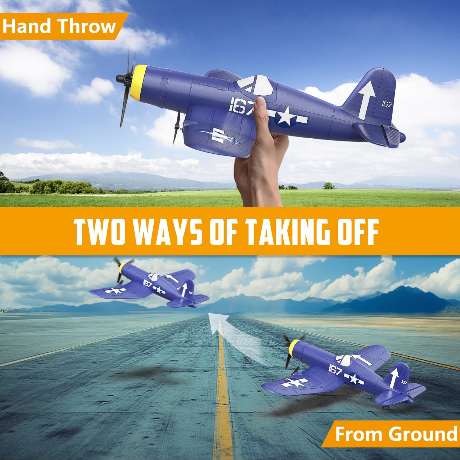 HAWK'S WORK 3 Channel RC Plane F4U Corsair, Remote Control Warbird Ready to Fly, 2.4Ghz 6-Axis Gyro Stabilizer, Easy to Fly for Kids & Beginners image number 6