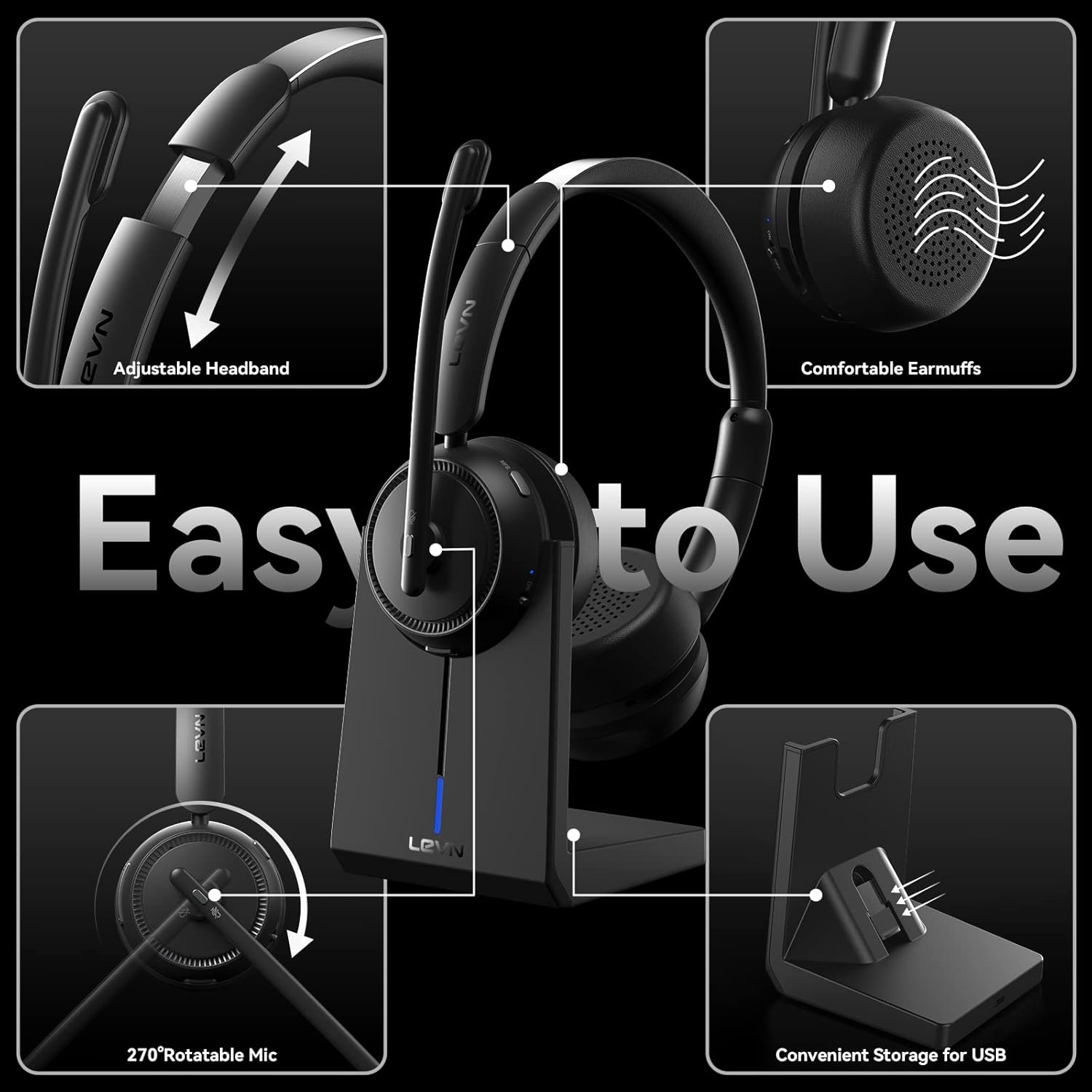 Wireless Headset with Mic for Work, Bluetooth Headset with Microphone (Noise Cancelling & Mute Button), Wireless Headphones with Mic for Work from Home/Office/Pc/Call Center/Computer/Laptop/Teams/Zoom image number 5