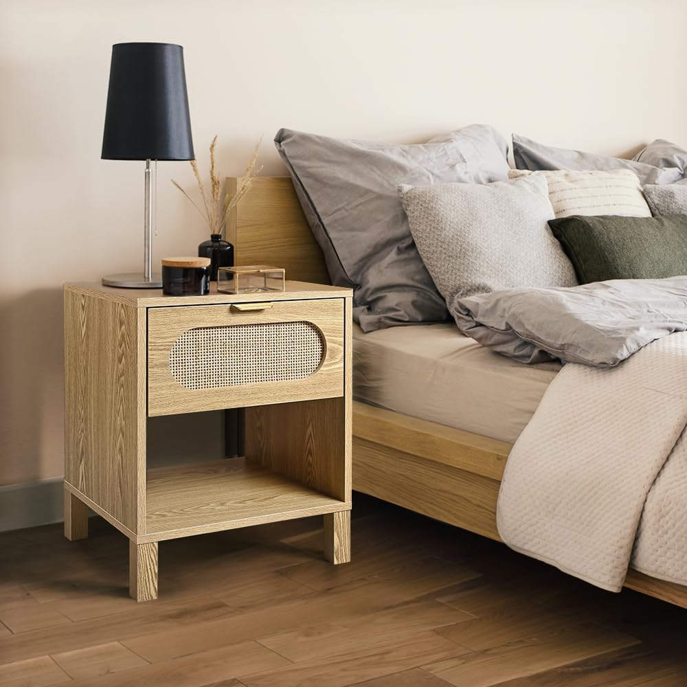 Furb Bedside Table with Storage Drawer Rattan Side End Table Small Narrow Nightstand for Living Room Bedroom Furniture, 43X38X52Cm image number 3