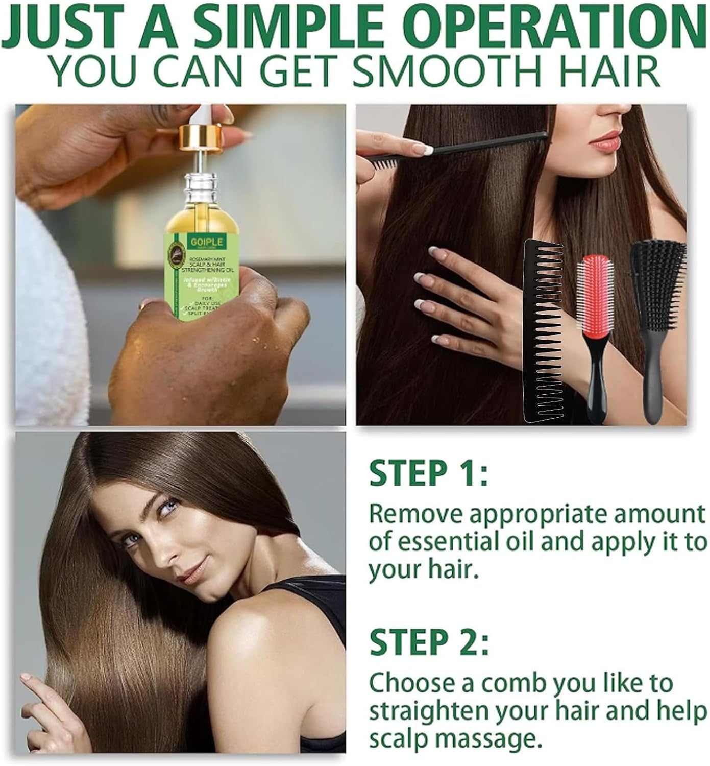 WOZUTUNT Curly Hair Brush Set for Women/Men/Kids, Detangler Brush, Wide Tooth Comb, 9 Row Nylon Bristle, Rosemary Hair Growth Oil - 4 Count (Db-Black-4Pcs) image number 5