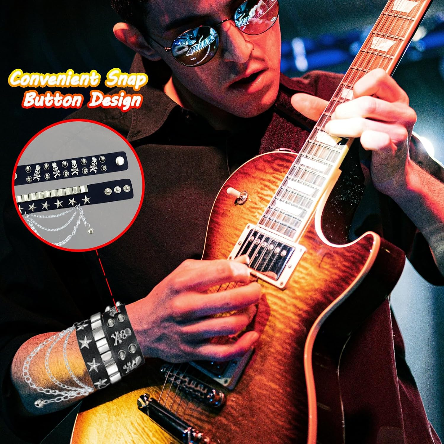 11Pcs Punk Gothic Rocker Costume Set, Rock Heavy Metal Accessories with Retro Sunglasses Gloves Bandana Fake Tattoo Sleeves Bracelet Rings Inflatable Guitar for Women Men Halloween 80S Disco Party