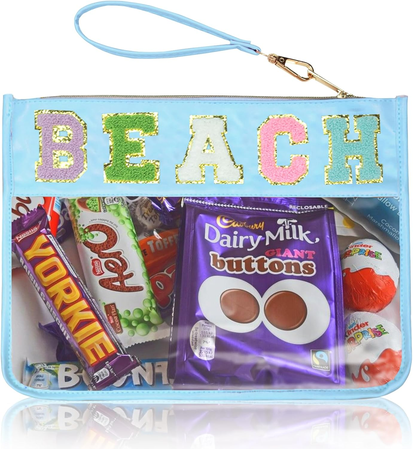 Burskit Snacks Bag Clear Chenille Varsity Letter Zipper Pouch Travel Makeup Bag Aesthetic Storage Organizer Pouches for Women with Glitter Patch Letters (Black-Snacks)