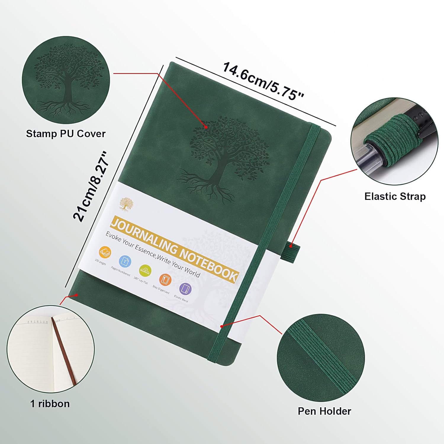 A5 Journal Notebook for Men and Women, Lined Hardcover Notebook with Elastic Closure for Diary Writing, Work and Note Taking, Journal(Green) - Gray image number 5