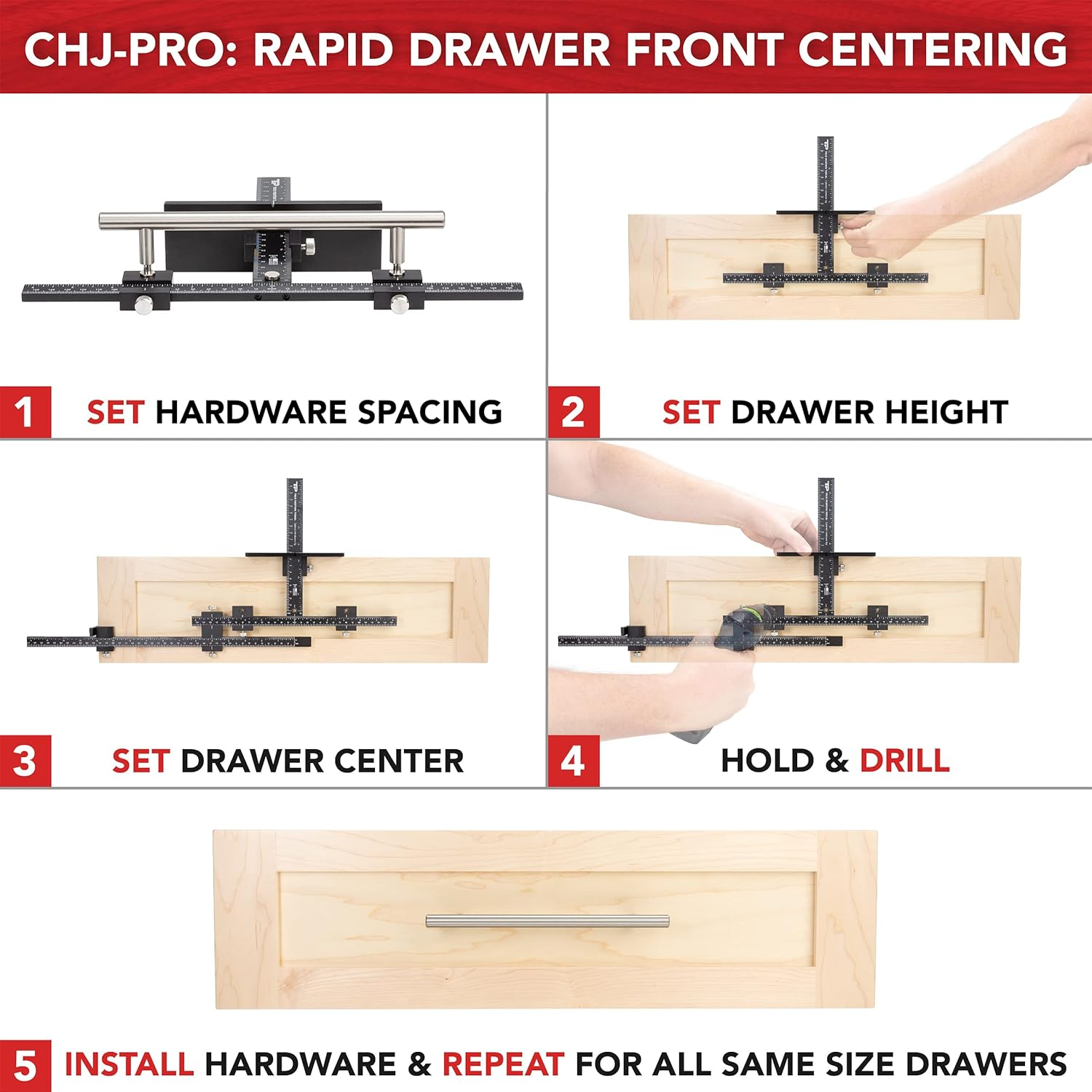 PRO Cabinet Hardware Jig - Install Drawer Front Handles and Knobs Faster - Made in USA - Hand Calibrated by True Position Tools