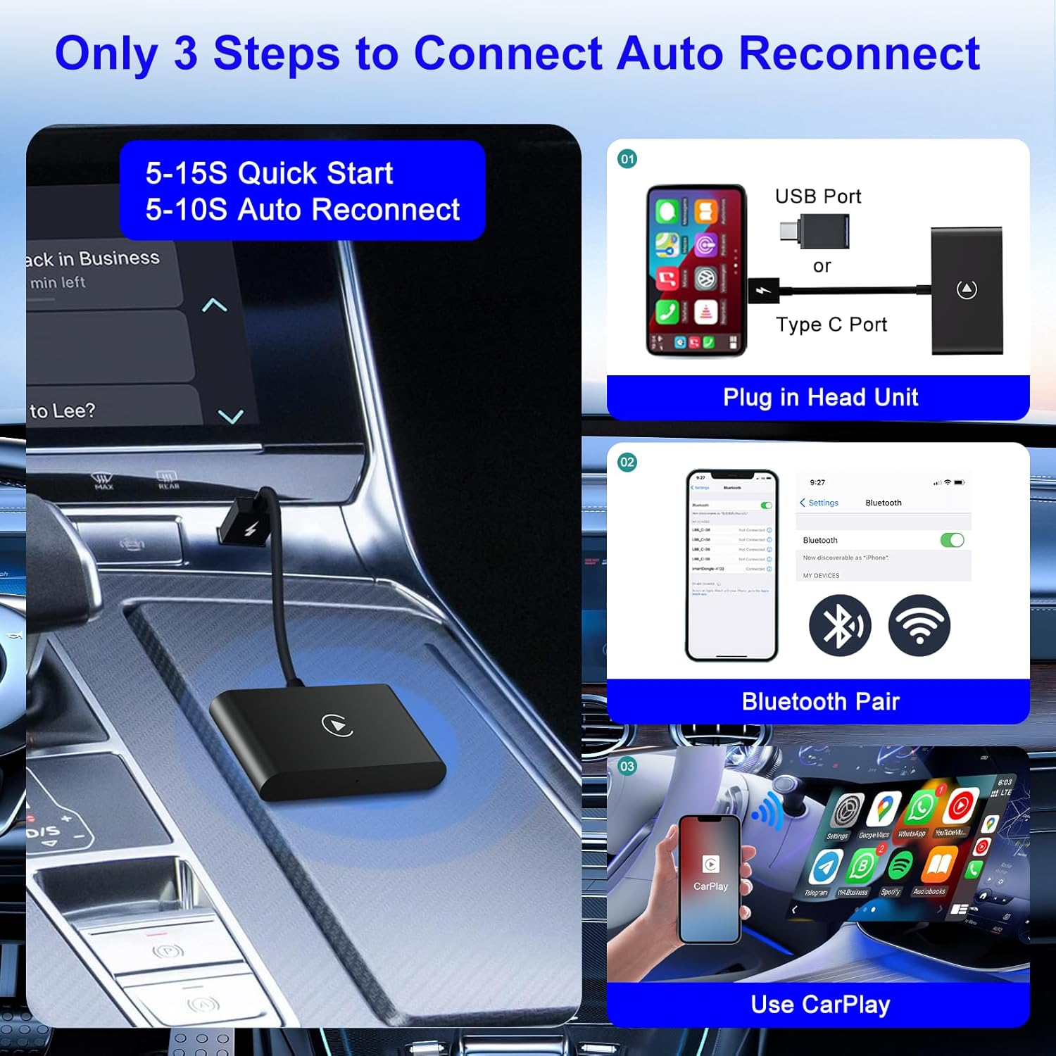 Wireless Carplay Adapter,Wireless Apple Carplay Dongle Adapter,Car Apple Carplay Bluetooth Adapter,Plug & Play 5Ghz Wifi Online Update,Low Latency,Easy to Install,Support Newest Ios 16 image number 5