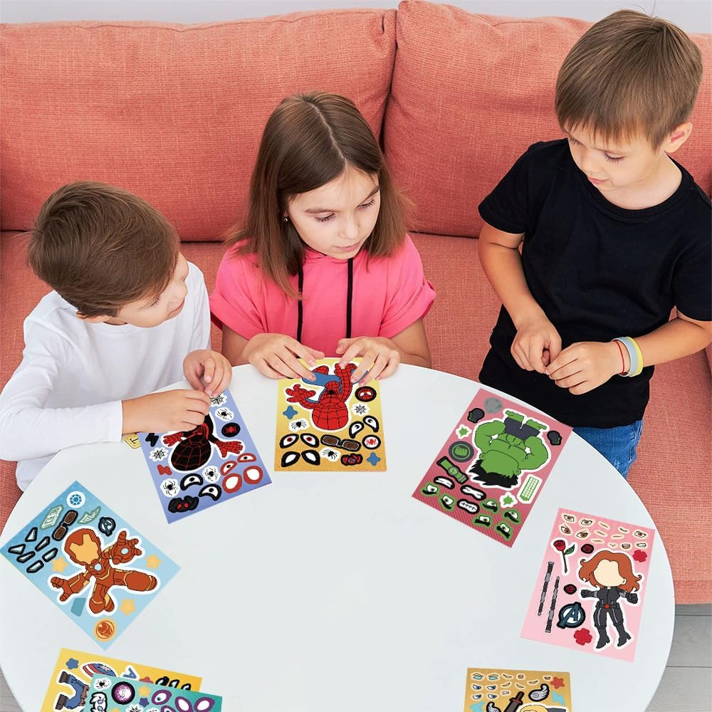 24 Pcs Sheets Cartoon Character Face Stickers for Kids Toddlers with 8 Styles,Make Your Own Face Stickers for Boys Girls,Diy Face Stickers Pack for Classroom Party (11*16Cm Cartoon Superhero) image number 1