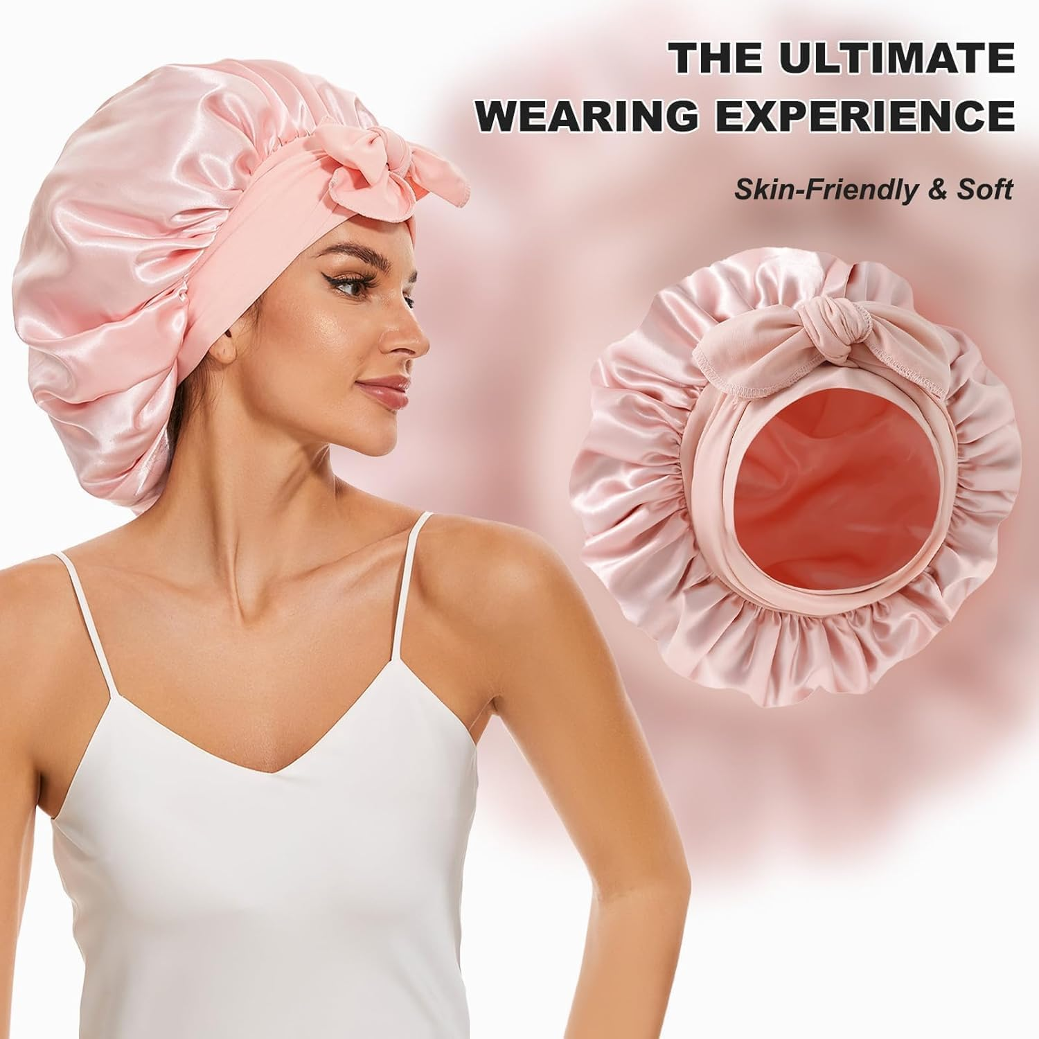 Large Silk Bonnet for Sleeping, Satin Hair Bonnet for Sleeping with Tie Band, Double Layer Satin Bonnets for Women Natural Curly Hair Shower Cap image number 3